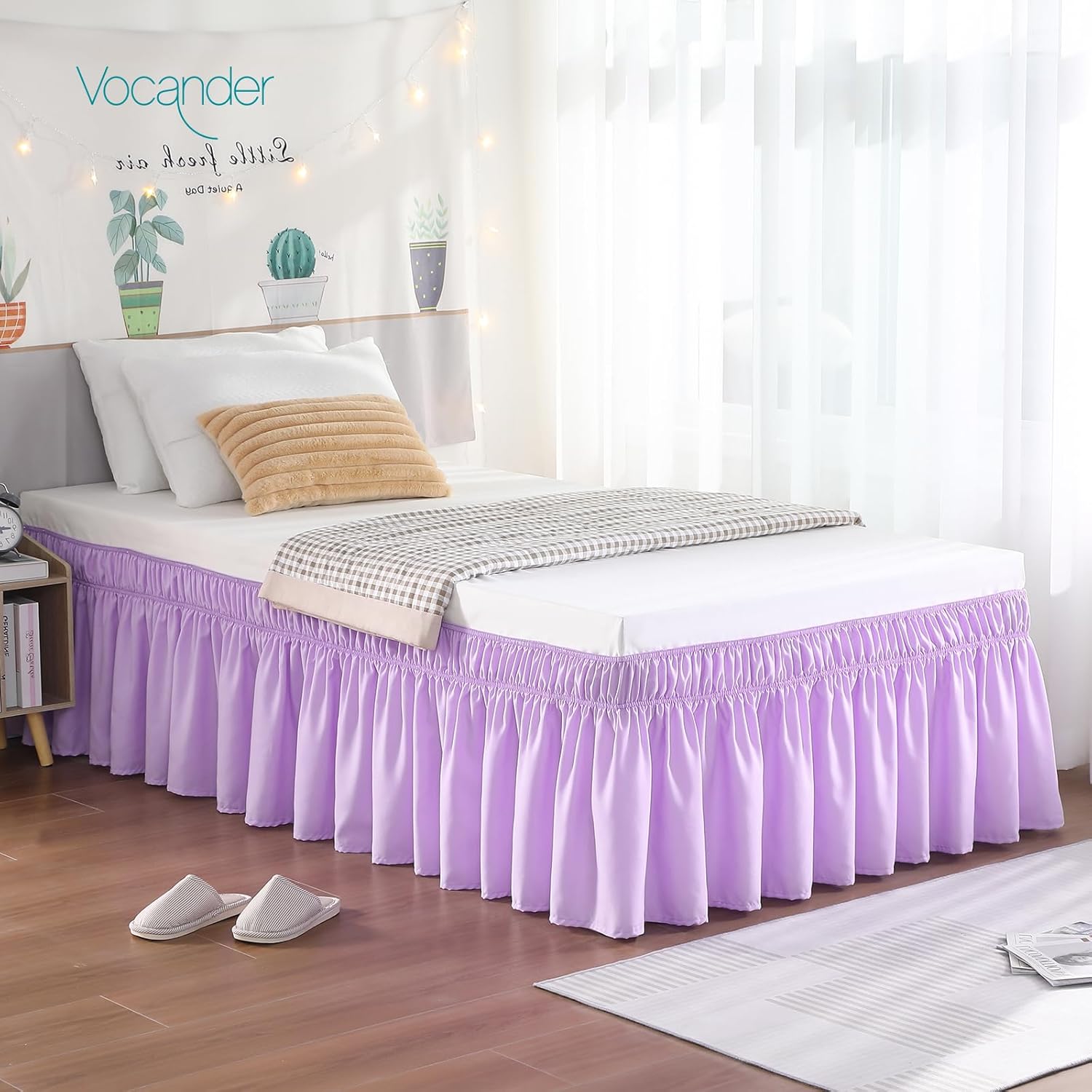 Vocander Purple Twin Bed Skirt 14 Drop with Elastic Ruffles