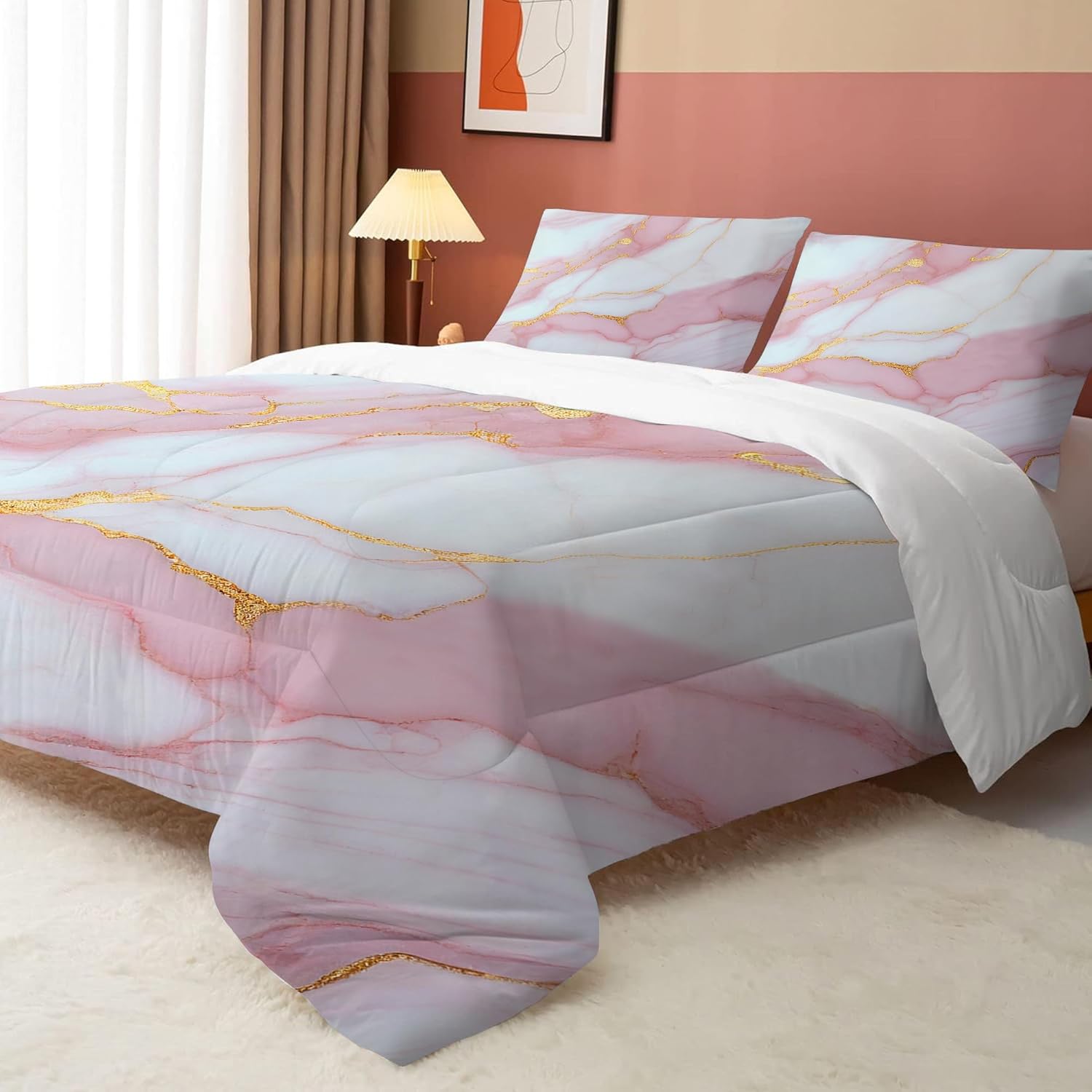 Marble Comforter Set King Size Pale Pink Chic Gold