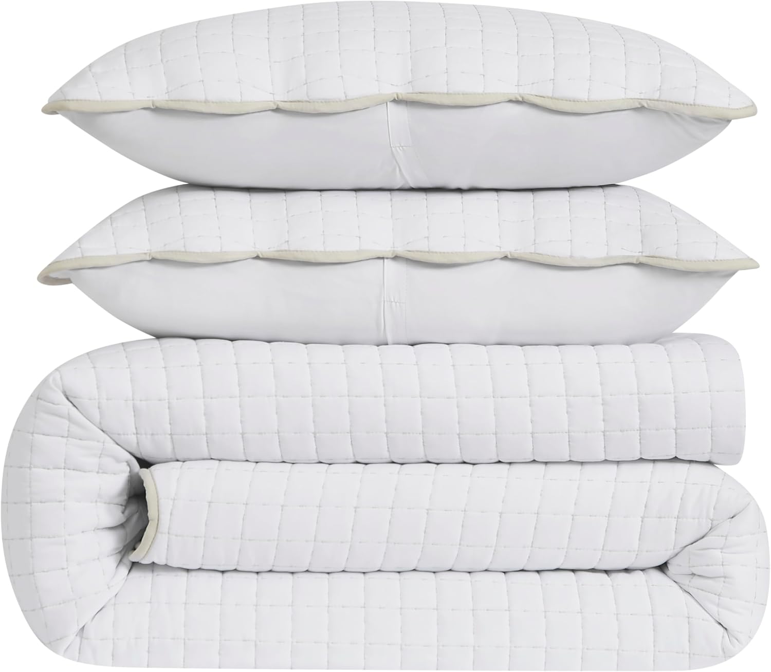 WDCOZY White Twin Quilt Bedding Set with Beige Scalloped Coverlet