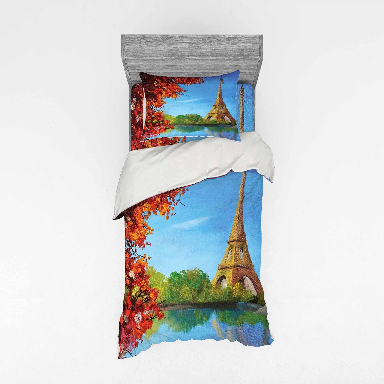 Ambesonne Paris Duvet Cover Set Twin XL Blue and Vermilion