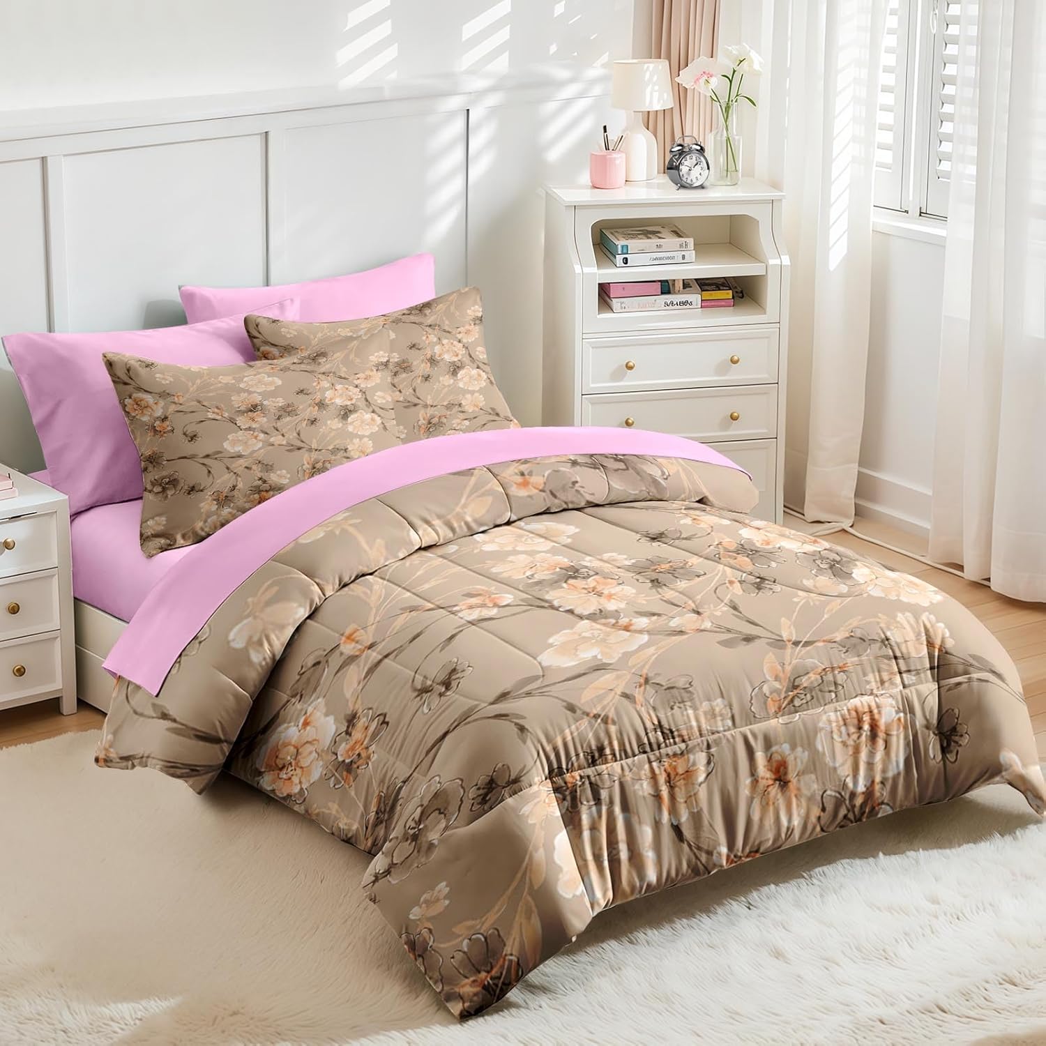 Nesker 7 Pcs Comforter Set King Size Floral Bedding