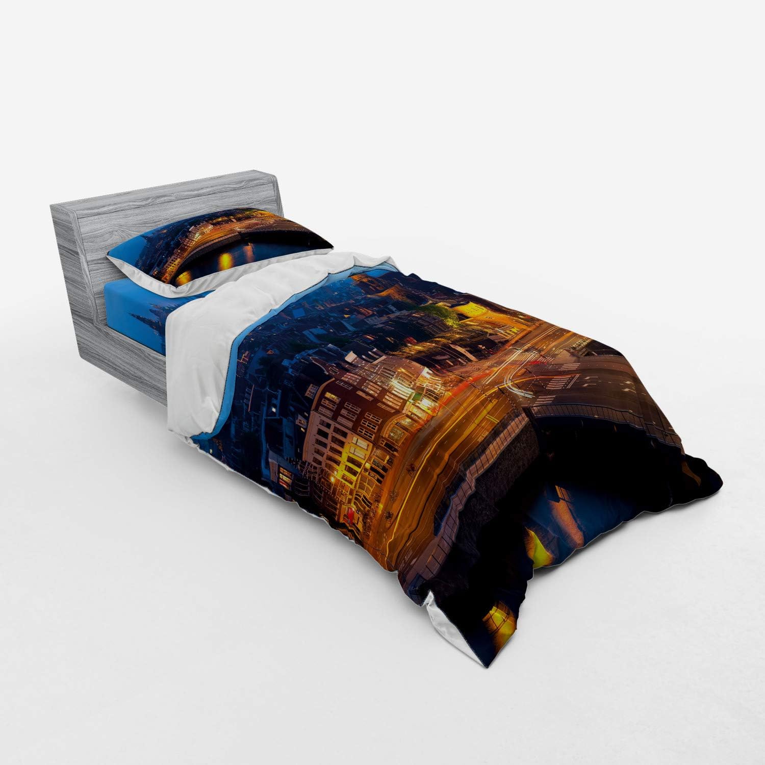 Ambesonne City Duvet Cover Set - Amsterdam Night View Twin XL Blue Marigold Tan