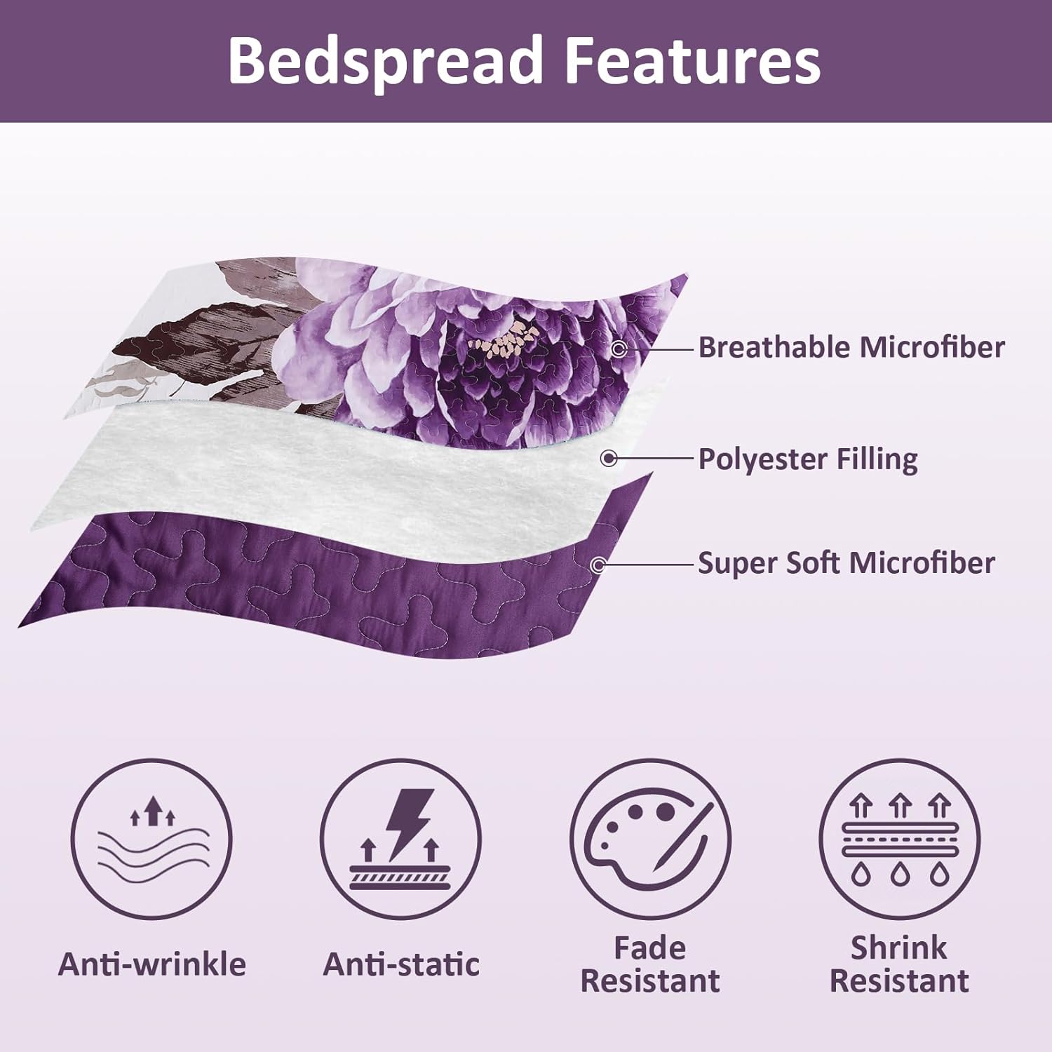 WONGS BEDDING Purple Floral Quilt Set 3 Piece Reversible