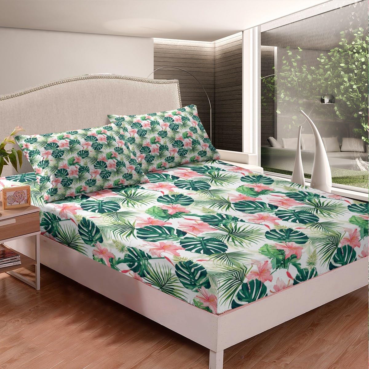 Feelyou King Size Kids Floral Palm Leaf Sheet Set