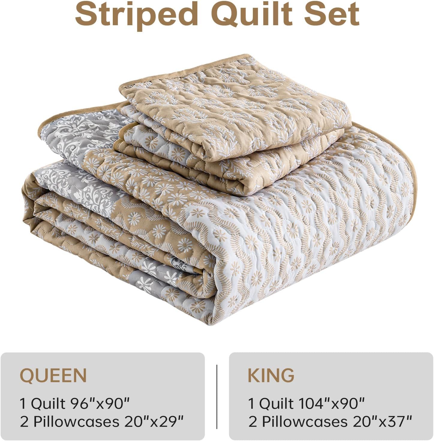Boho Quilt Set King Size Beige Striped Coverlet 3 Pieces