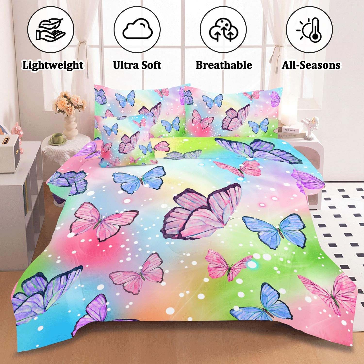 ASKOTU 4 Pcs Rainbow Butterfly Comforter Set for Girls