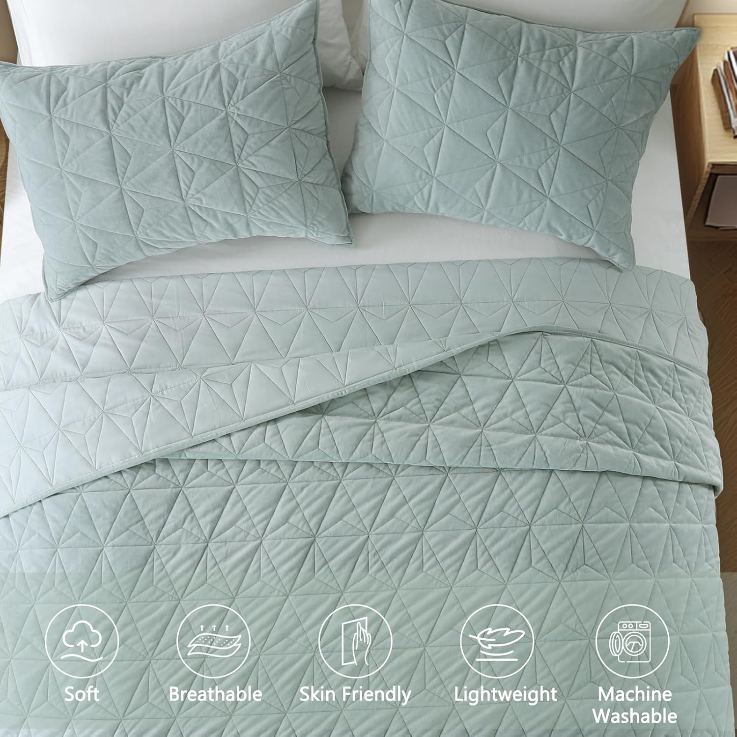 KASENTEX Velvet Oversized Cal King Quilt Set Mint Green