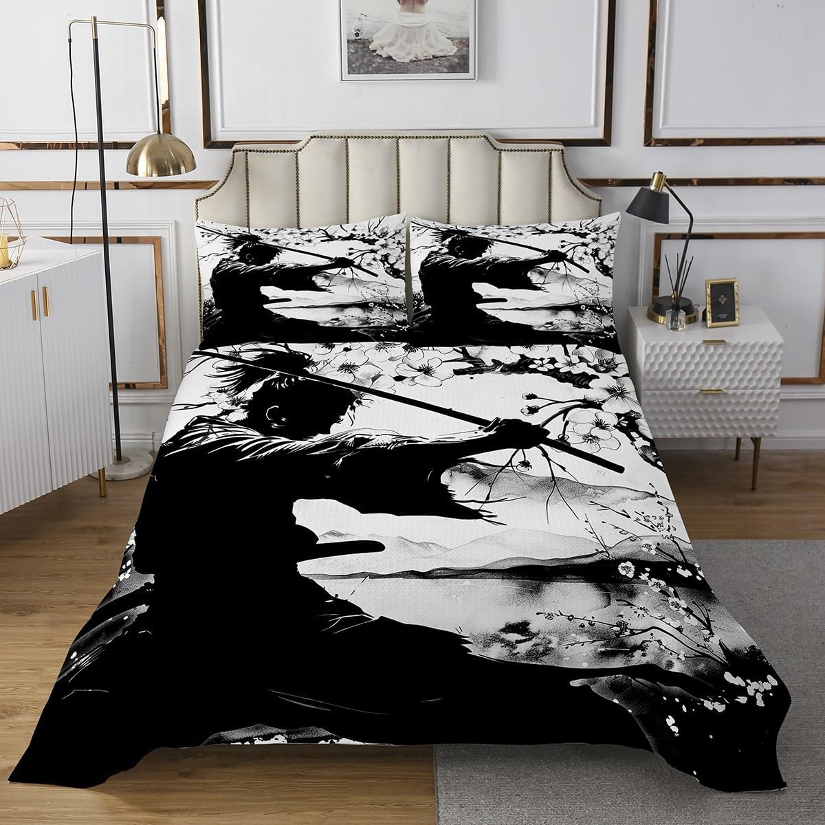 Erosebridal Samurai Quilt Set Queen Size Black and White Bedding Set