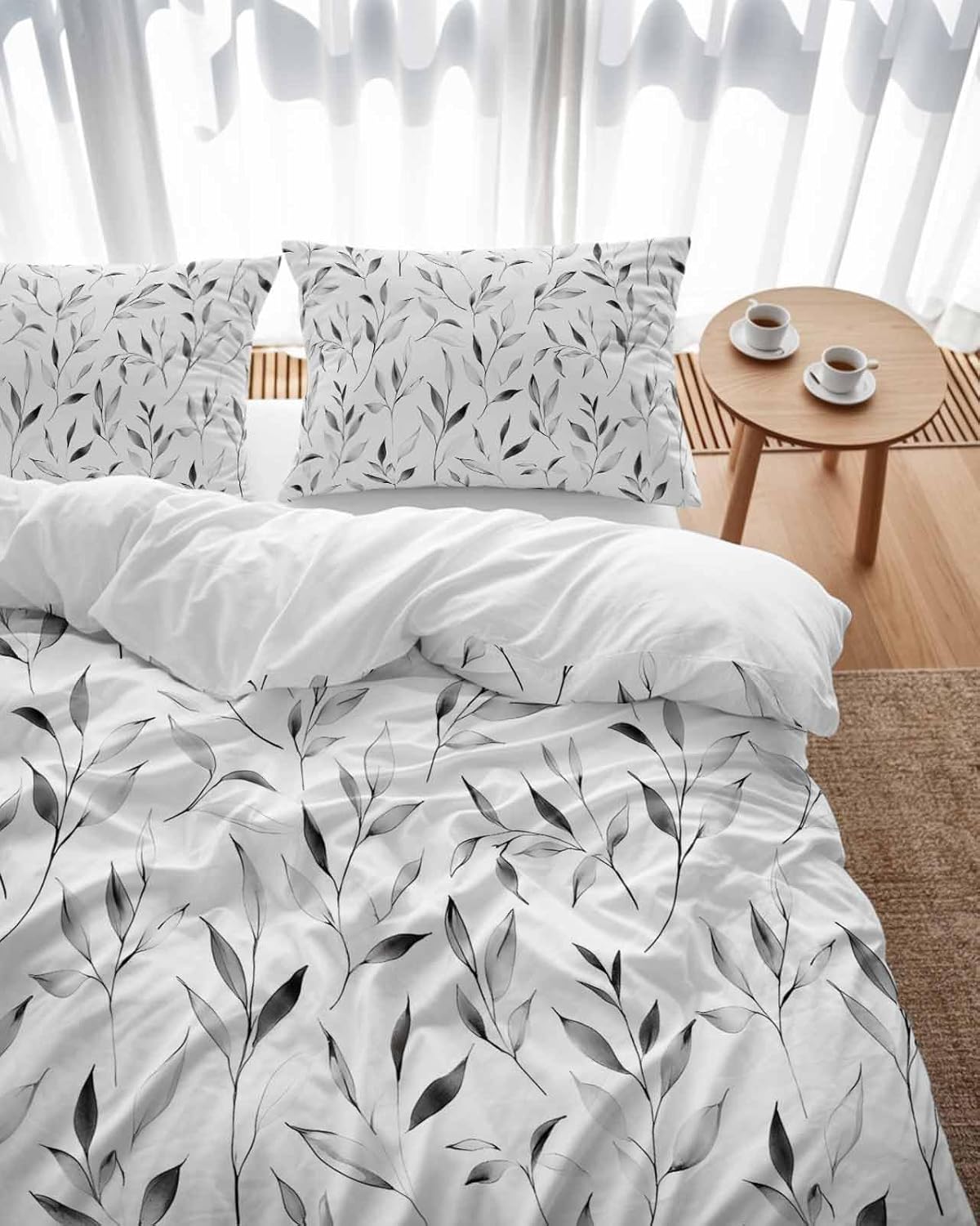ZOE GARDEN Gray Leaf Bed Duvet Cover Queen Set