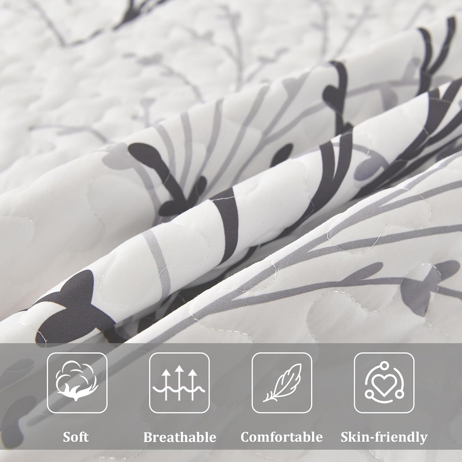DJY White Botanical Quilt Set Queen Size 3 Piece