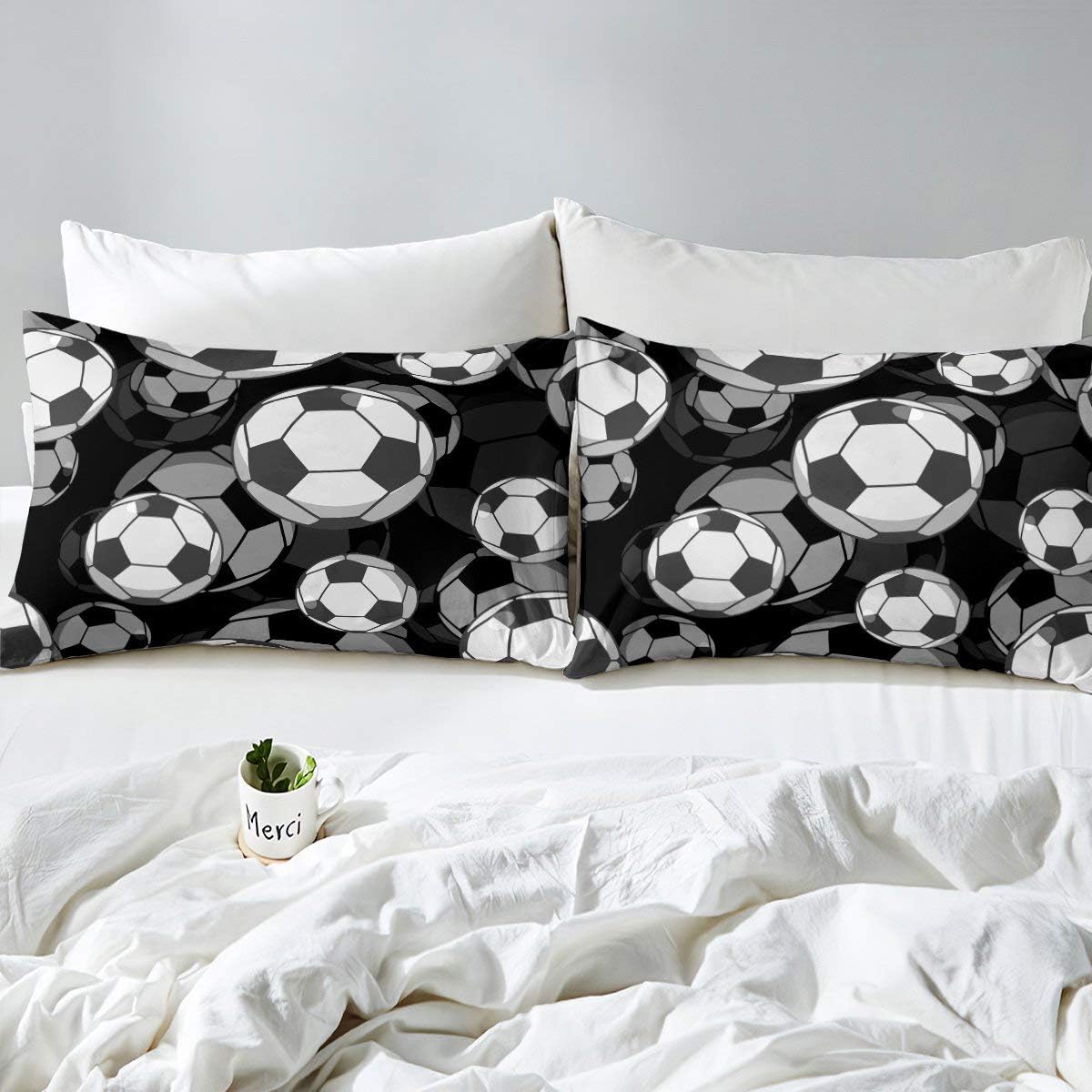 Erosebridal Kids Soccer Sheet Set with Pillowcase Twin Size Black White