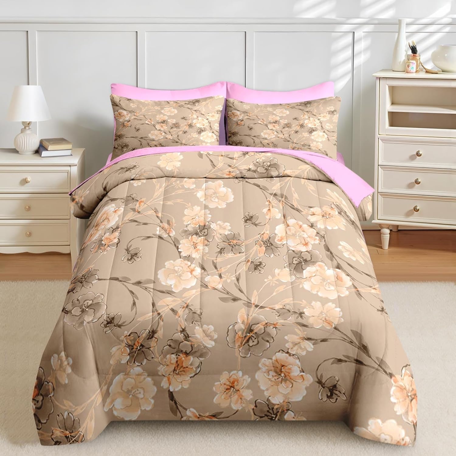 Nesker 7 Pcs Comforter Set King Size Floral Bedding