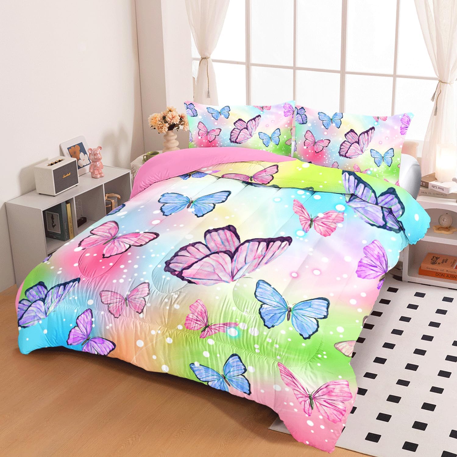 ASKOTU 4 Pcs Rainbow Butterfly Comforter Set for Girls