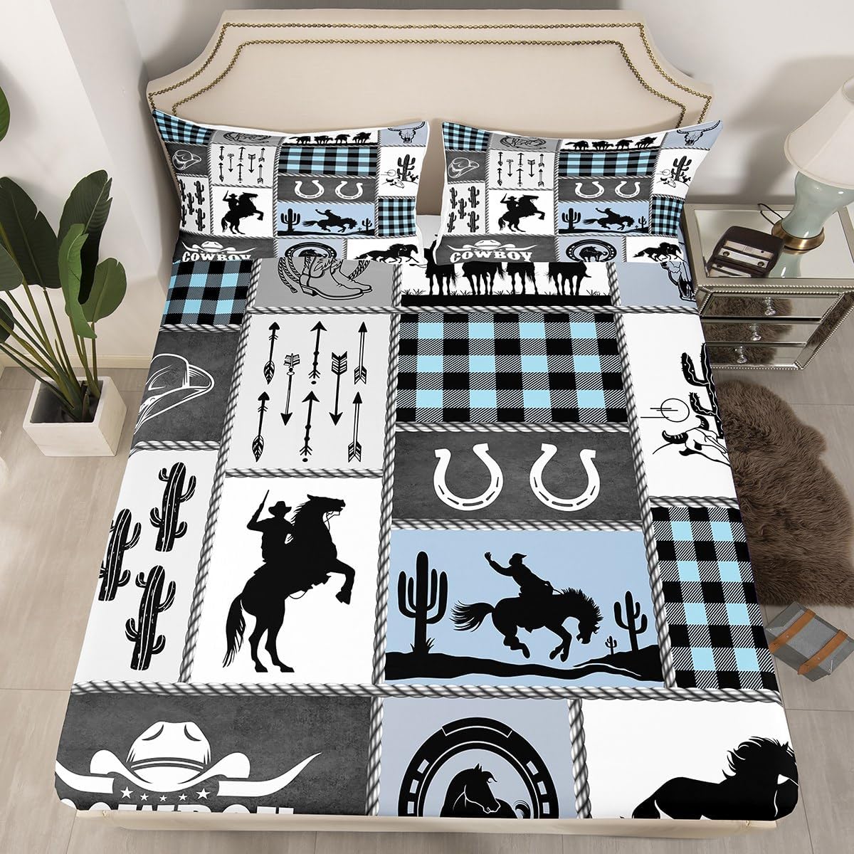 Manfei King Size Microfiber Sheet Set with Horseshoes Cactus Pattern