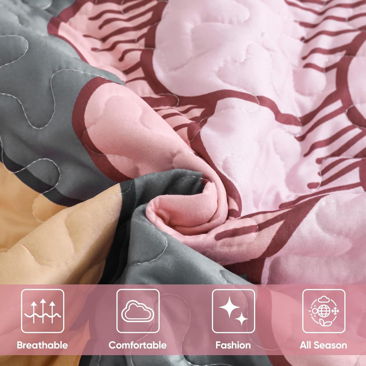 DJY Floral Quilt Set King Size Grey and Pink 1