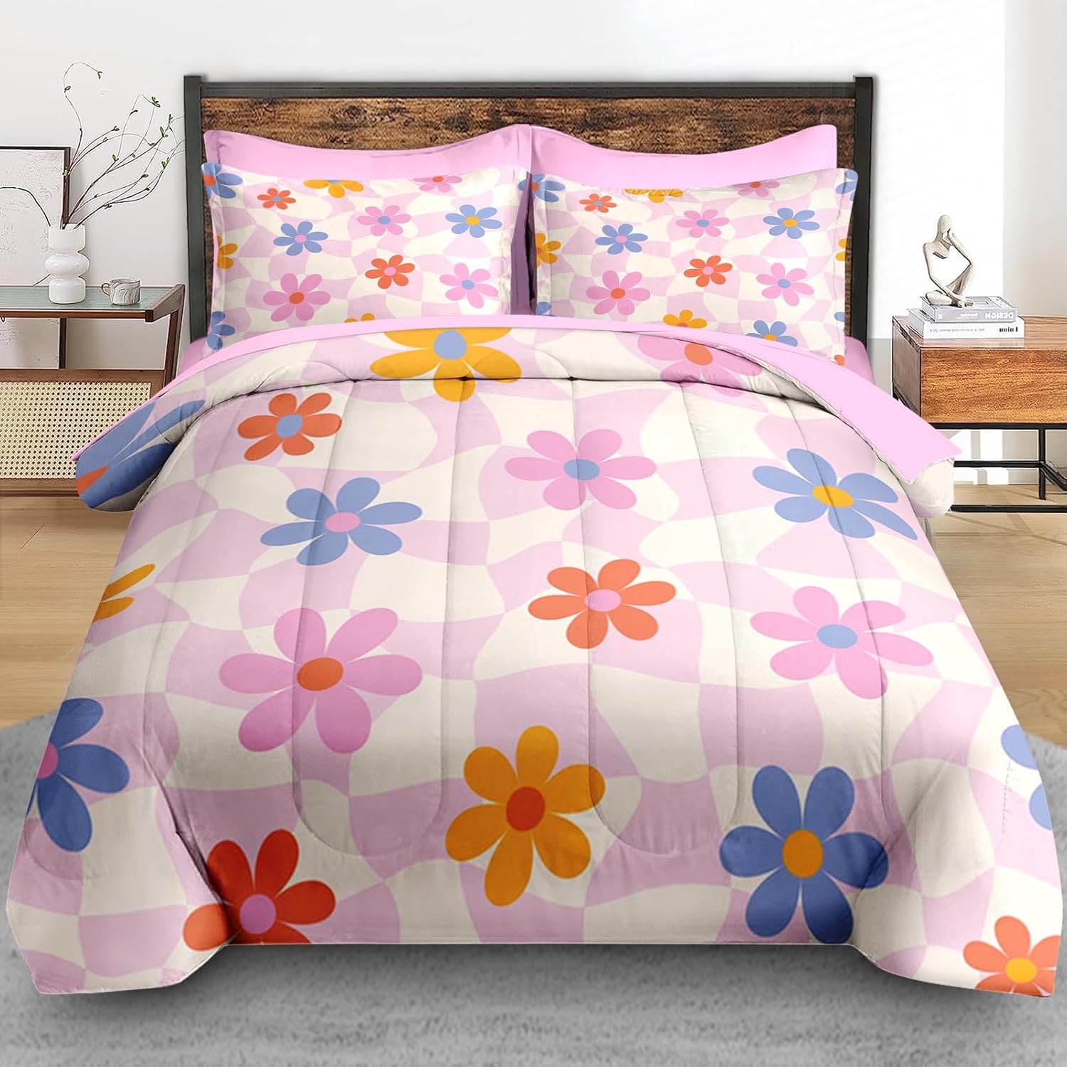 Pamnest Retro Daisy Pink Queen Comforter Set 7 Pcs