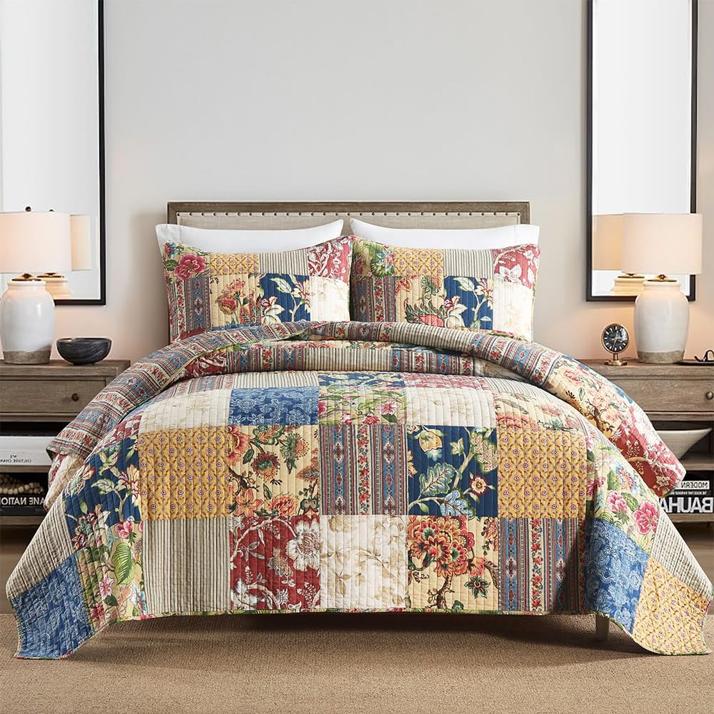 VISIMISI Cotton Patchwork Quilt Set 3 Pieces Reversible King Size