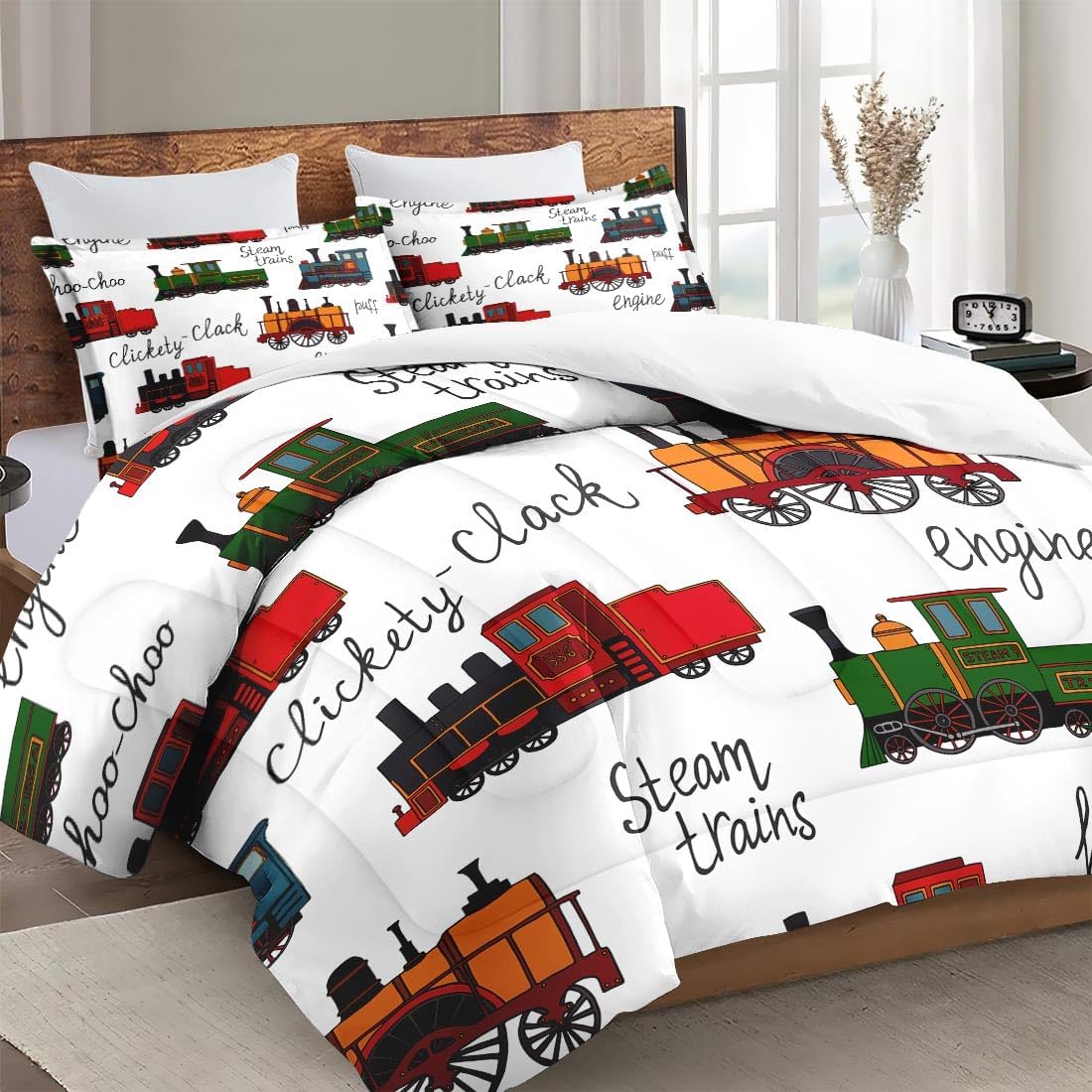 WeCozy Twin Comforter Set with Pillowcase Retro Train Design