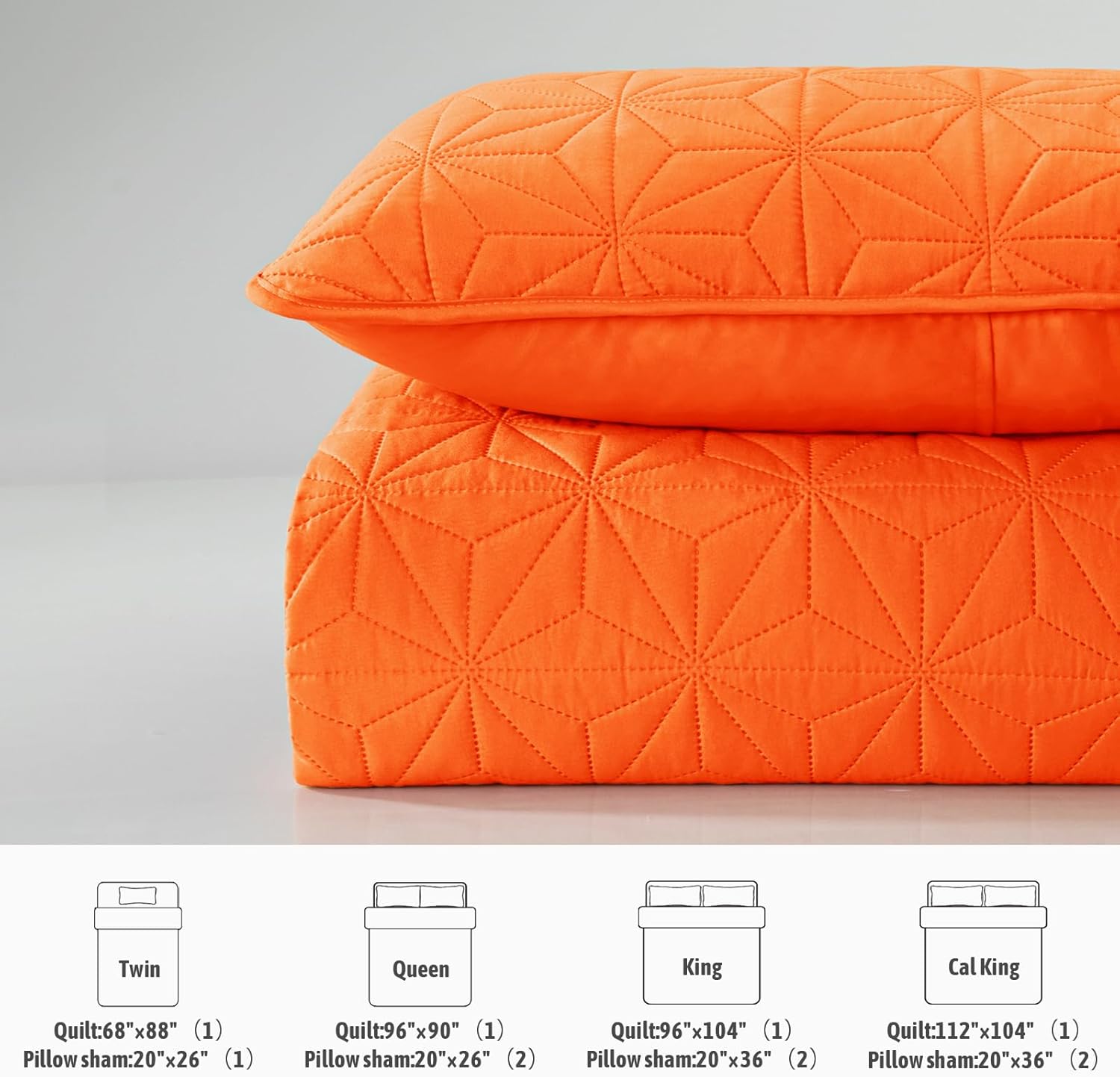 Whale Flotilla Queen Quilt Set 3-Piece Soft Orange Geometric Star Pattern Bedding
