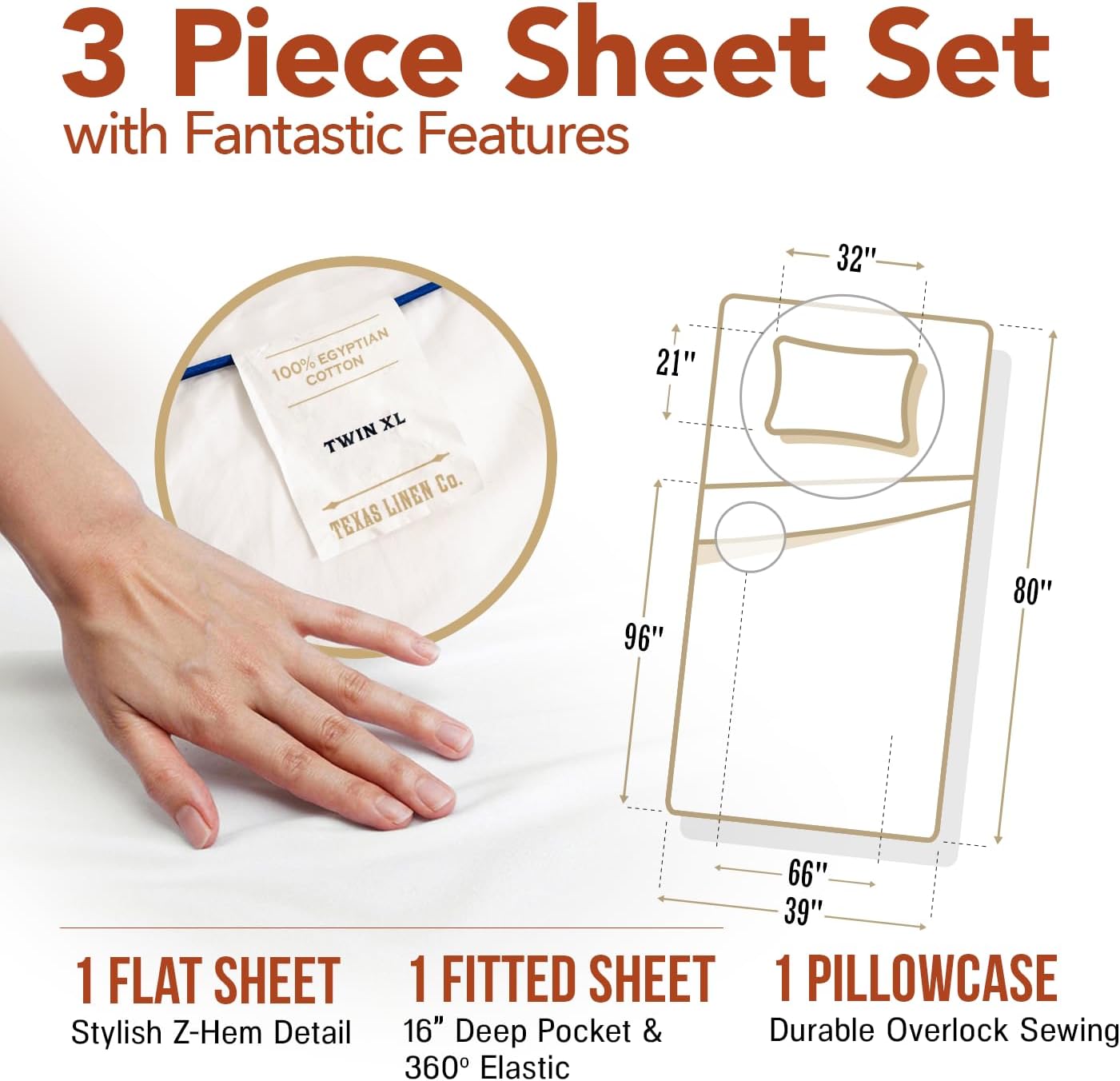 Luxury Egyptian Cotton Twin XL Sheet Set - 600 Thread Count
