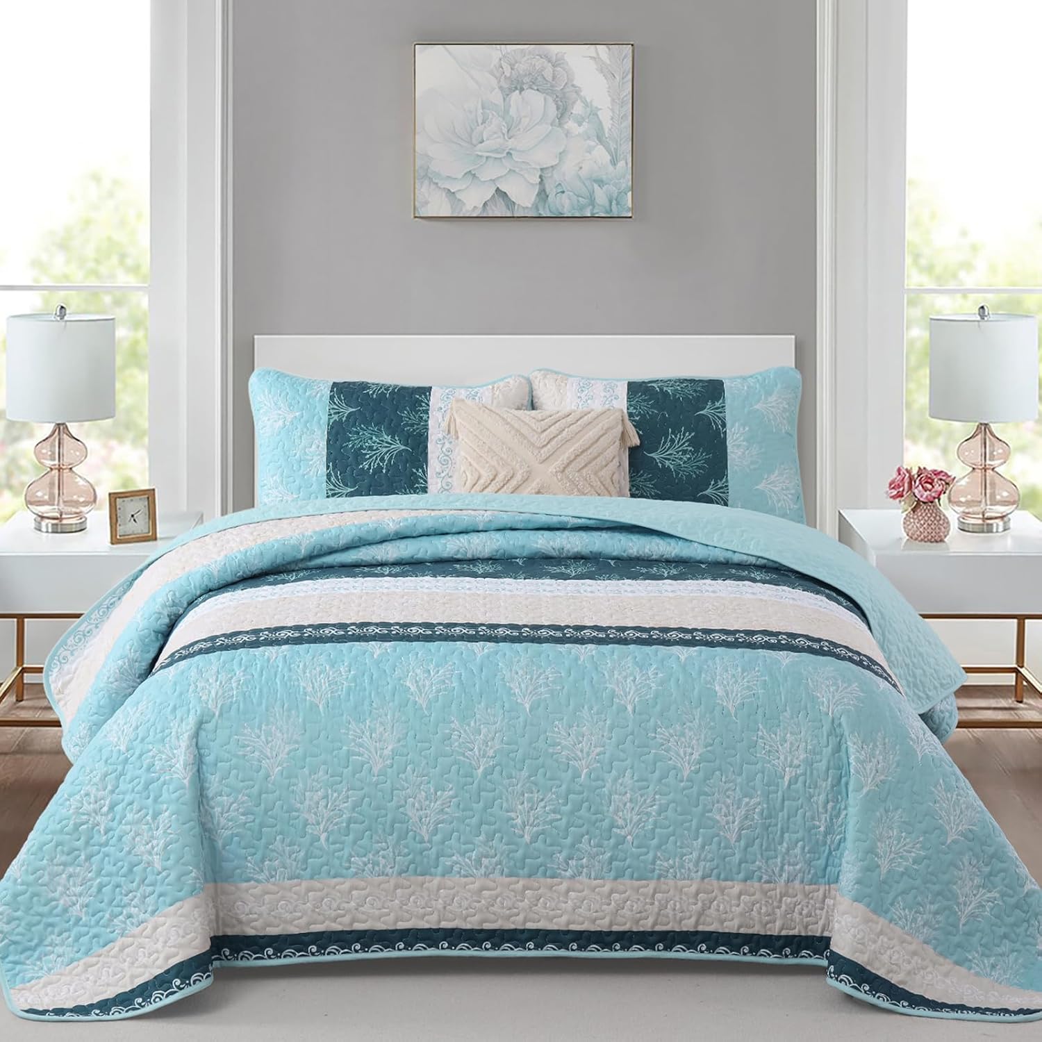 DJY Boho Striped Floral Queen Quilt Set 3 Pieces