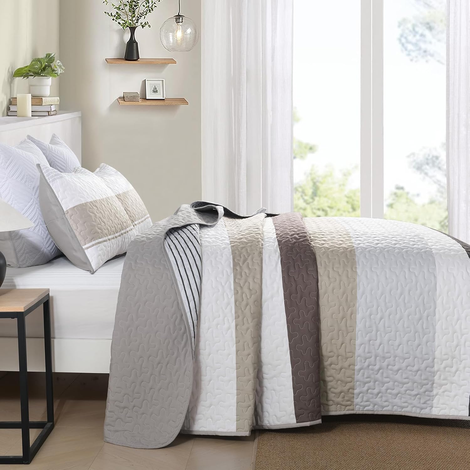 Dinjoy Grey Boho Quilt Set Queen Size Striped Patchwork 1