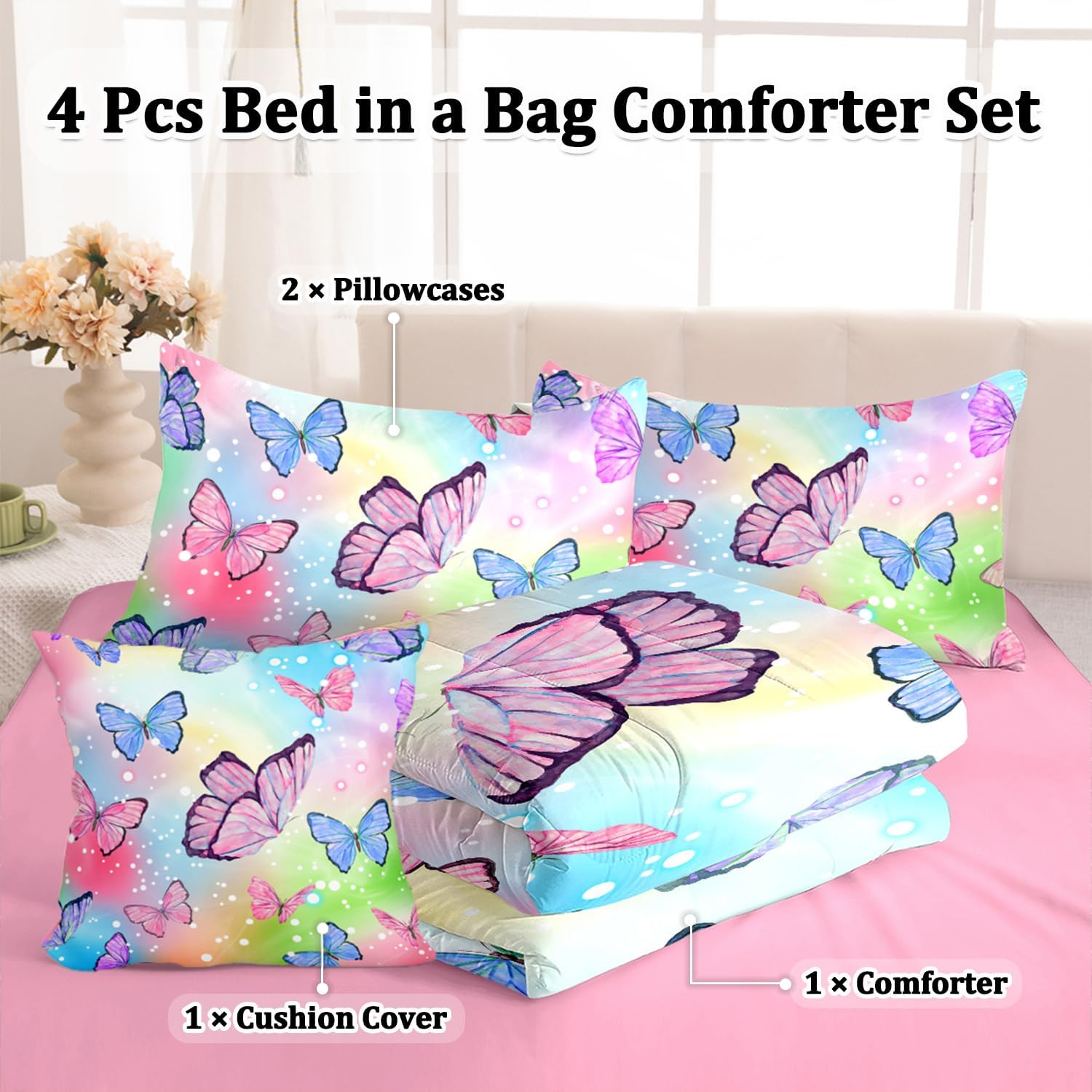 ASKOTU 4 Pcs Rainbow Butterfly Comforter Set for Girls