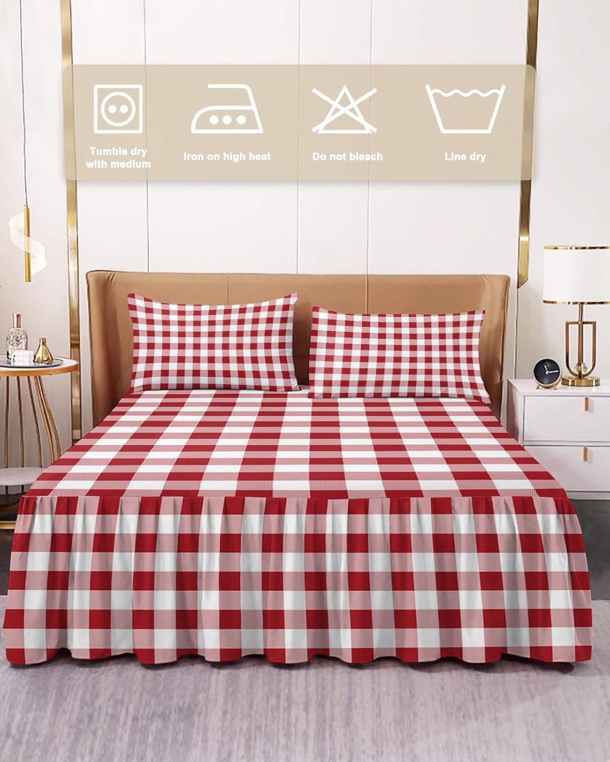 ZFUNCING Rustic Farm Plaid Red White Bed Skirt Set with 2 Pillow Shams