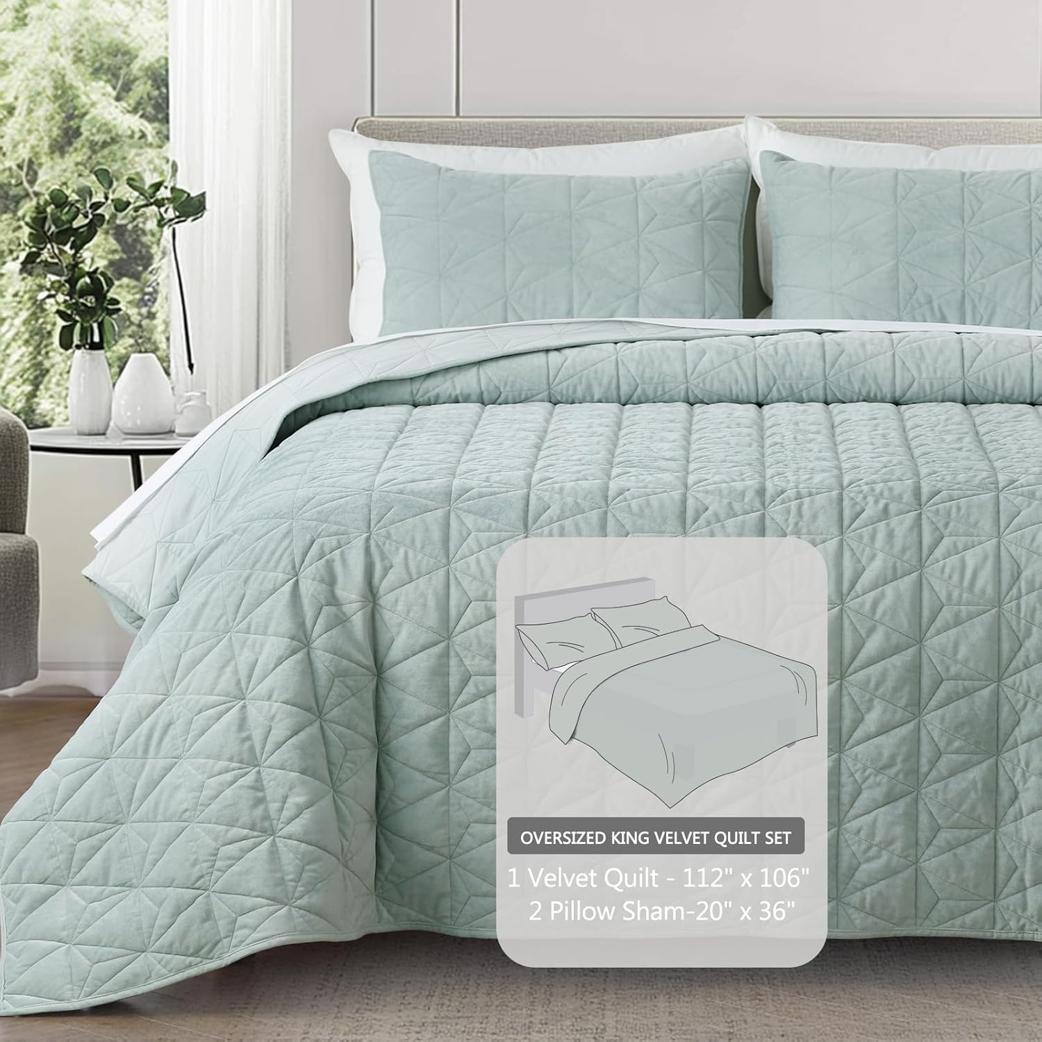 KASENTEX Velvet Oversized Cal King Quilt Set Mint Green