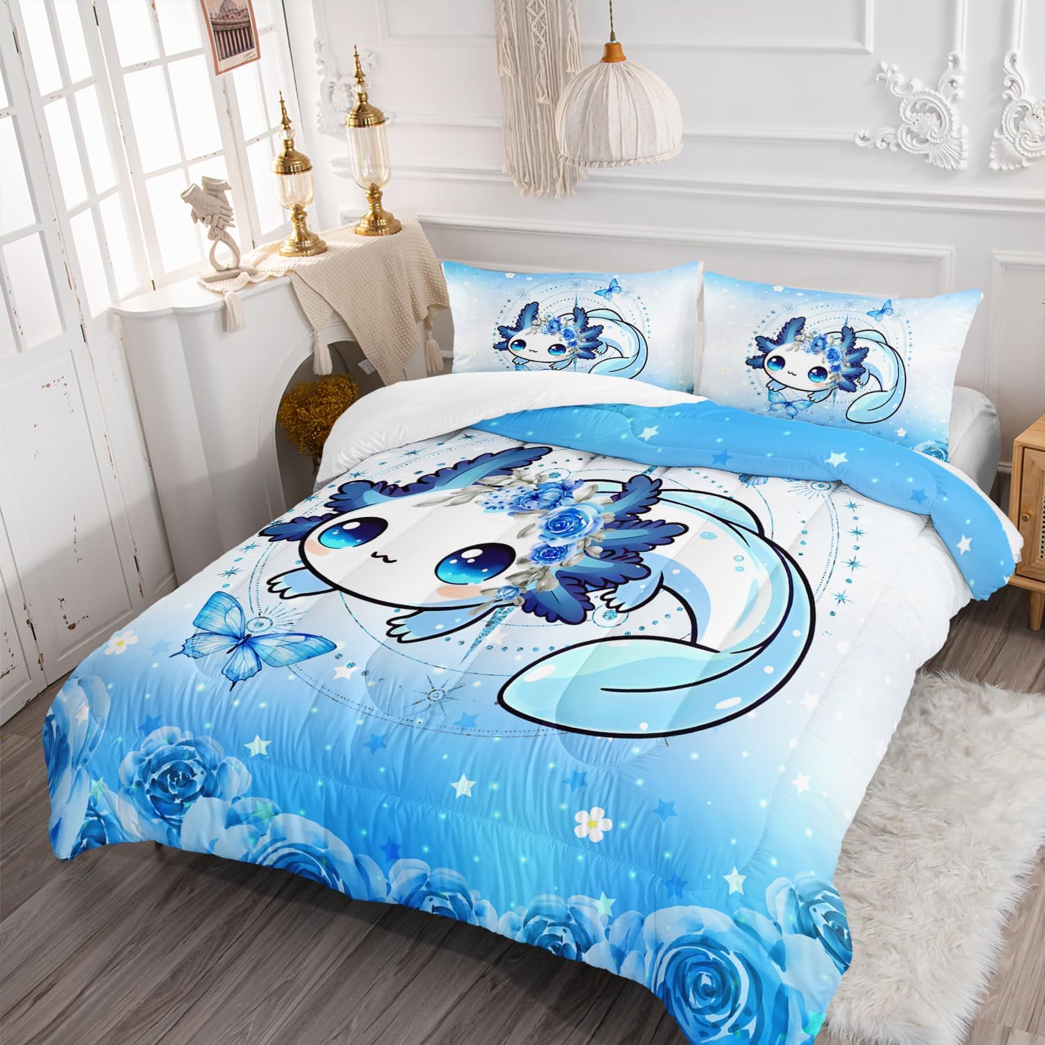 AILONEN Axolotl Comforter Set Queen Size Kawaii Blue Print Bedding
