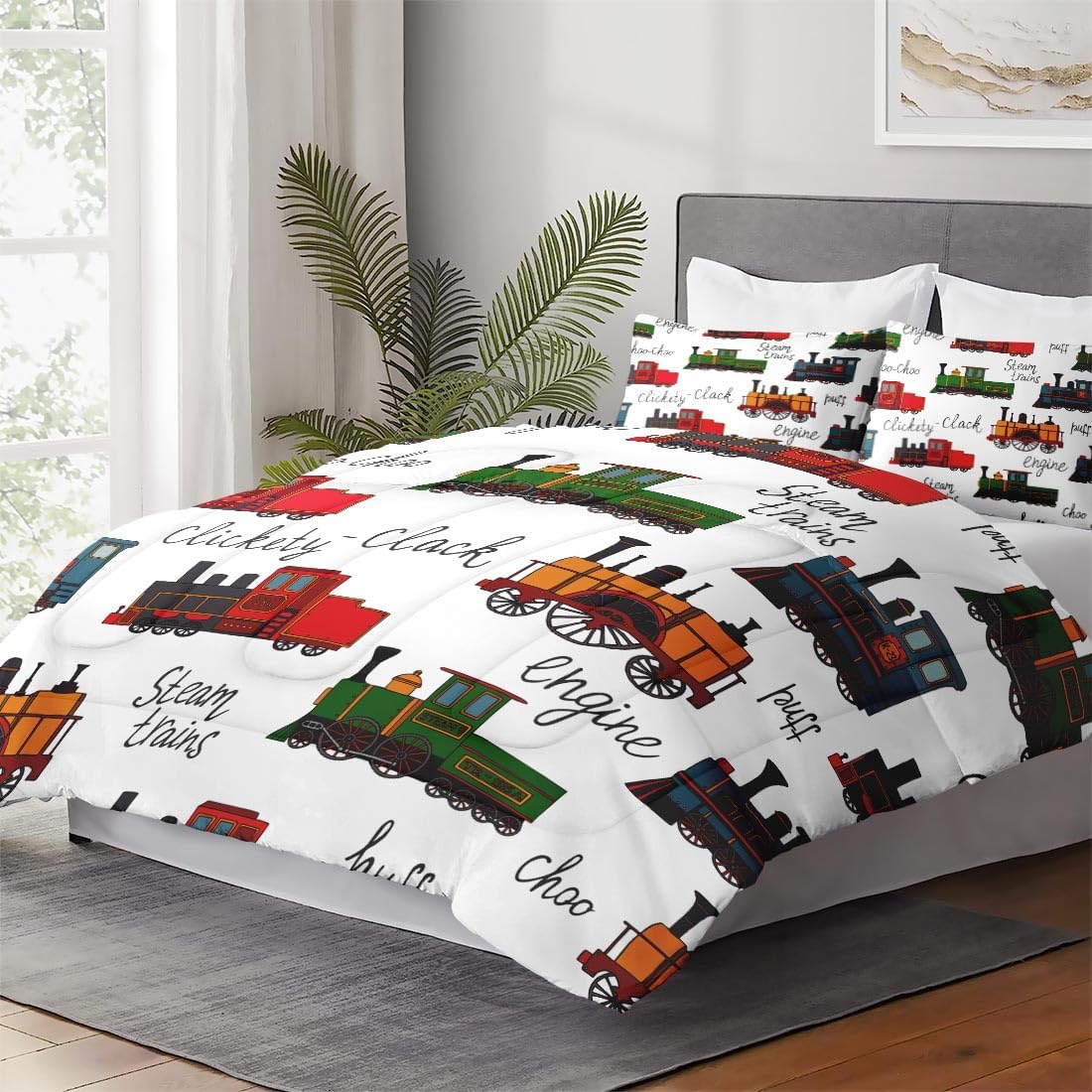 WeCozy Twin Comforter Set with Pillowcase Retro Train Design