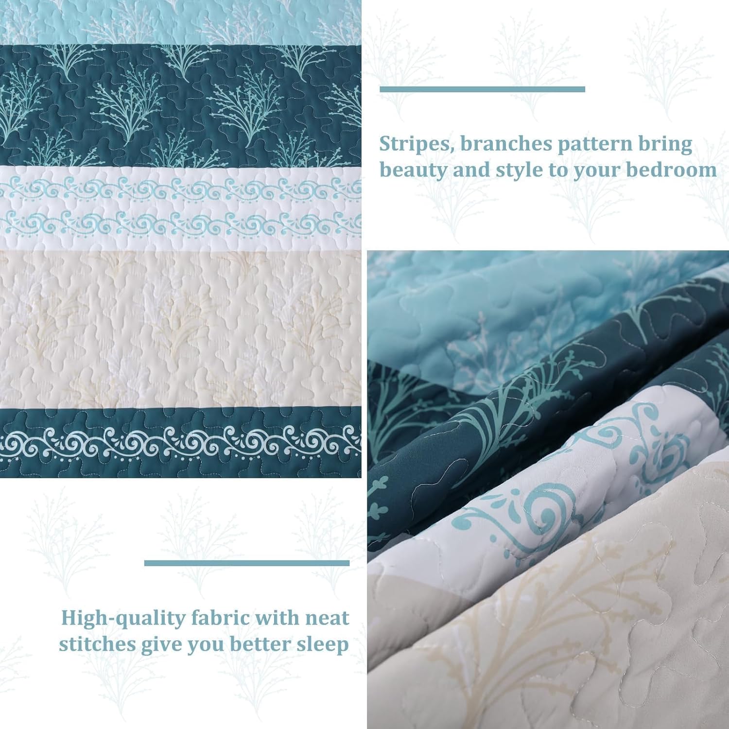 DJY Boho Striped Floral Queen Quilt Set 3 Pieces