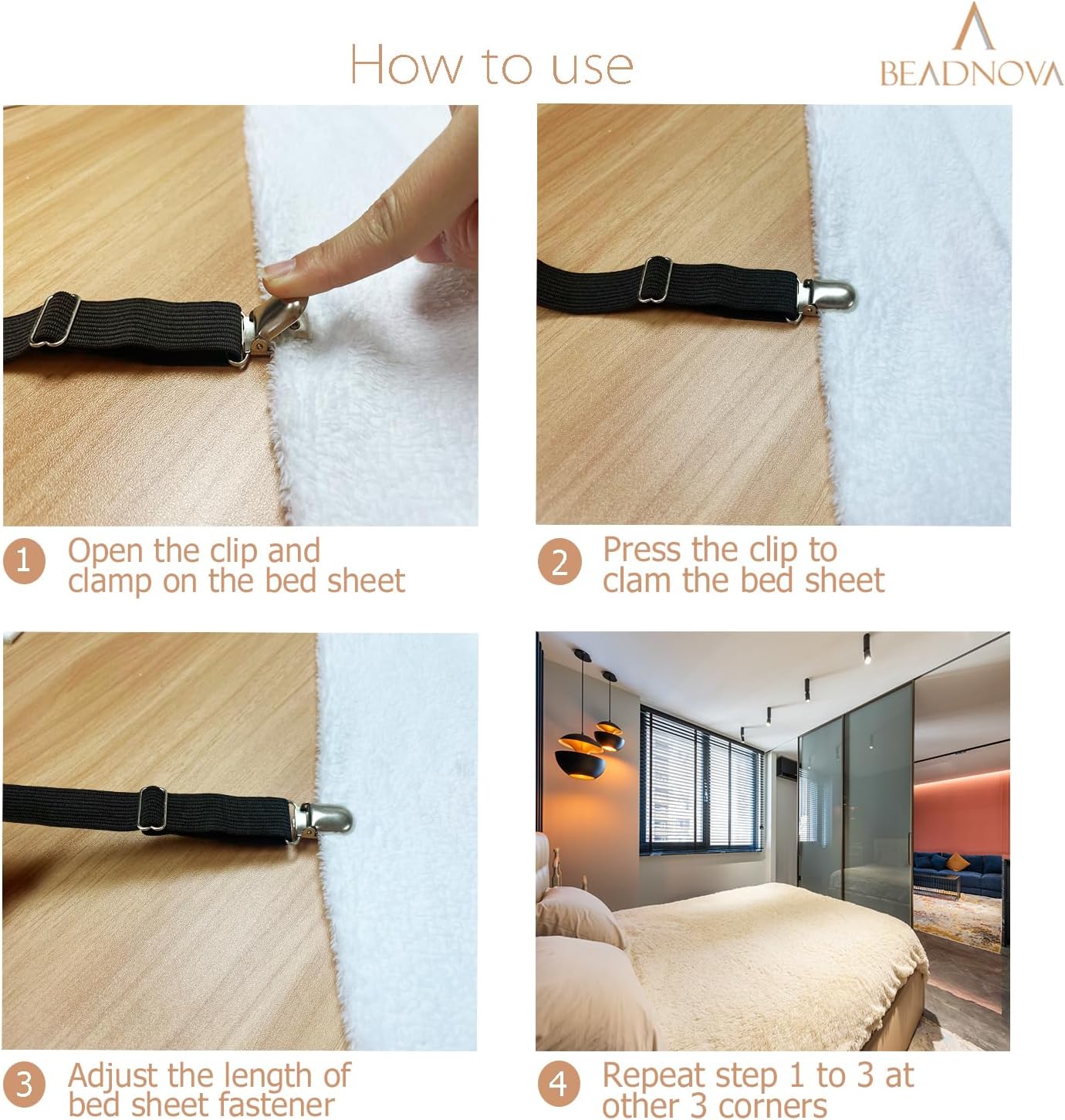 BEADNOVA Adjustable Bed Sheet Straps 4Pcs