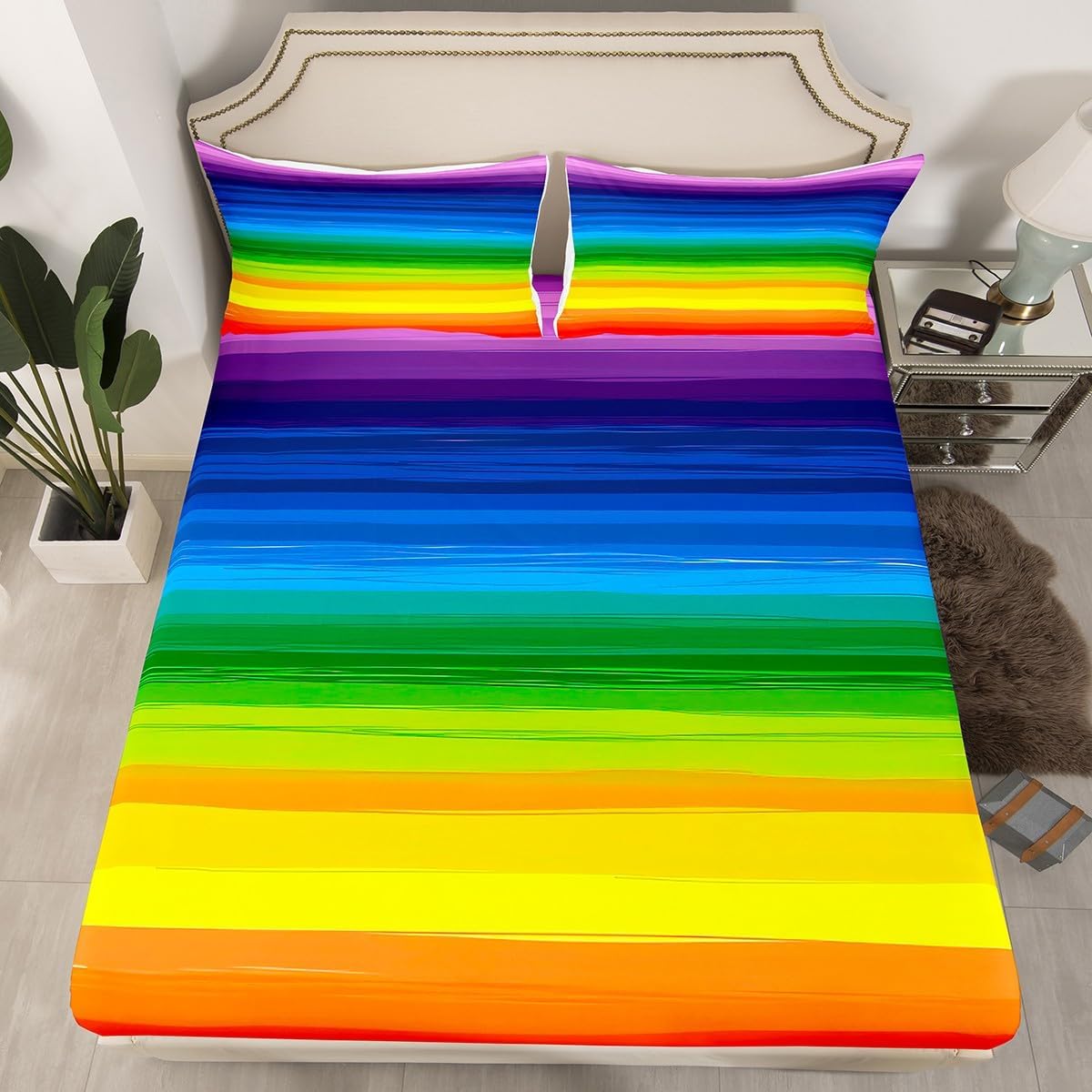 Feelyou Gradient Rainbow Stripes Bed Sheet Set 4Pcs King Size