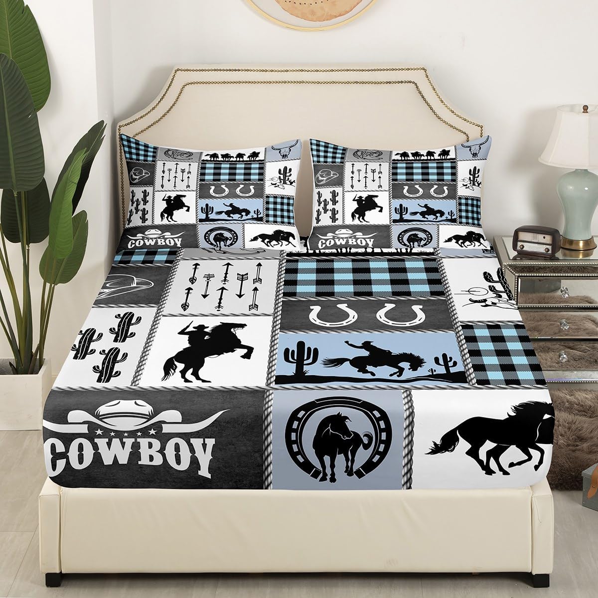 Manfei King Size Microfiber Sheet Set with Horseshoes Cactus Pattern