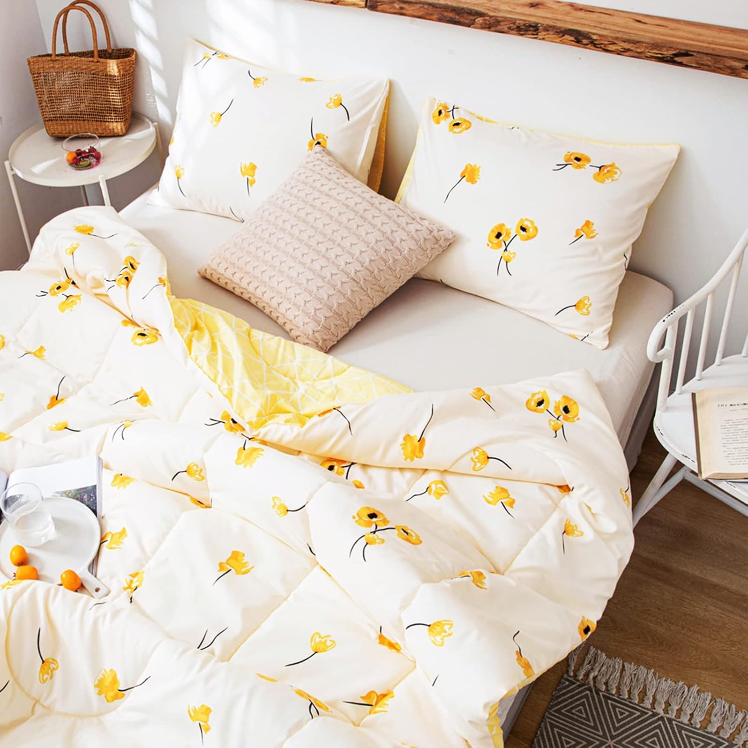 Bedorm Yellow Floral Comforter Set Twin Size