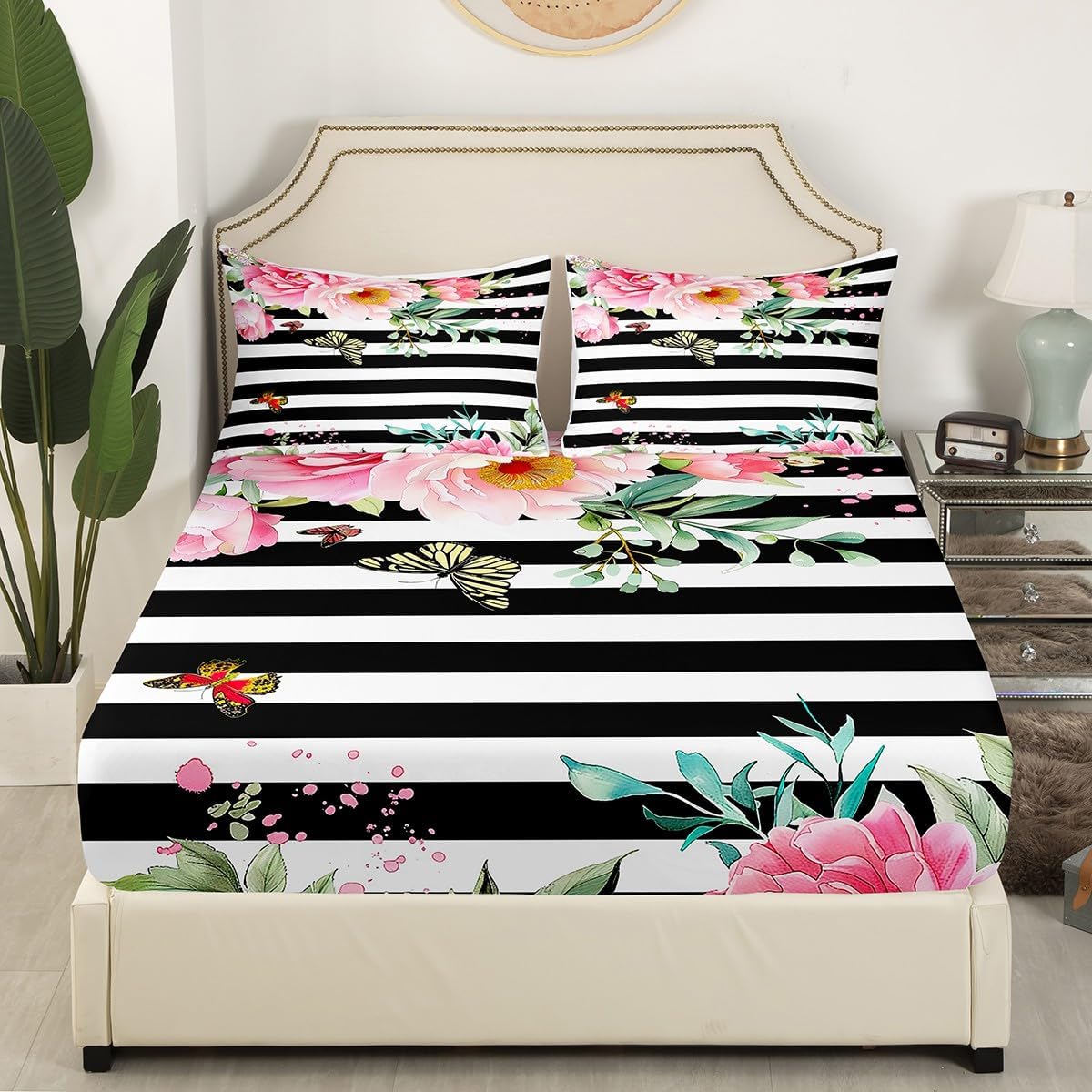 Erosebridal Pink Floral Sheet Set with 2 Pillowcases King Size