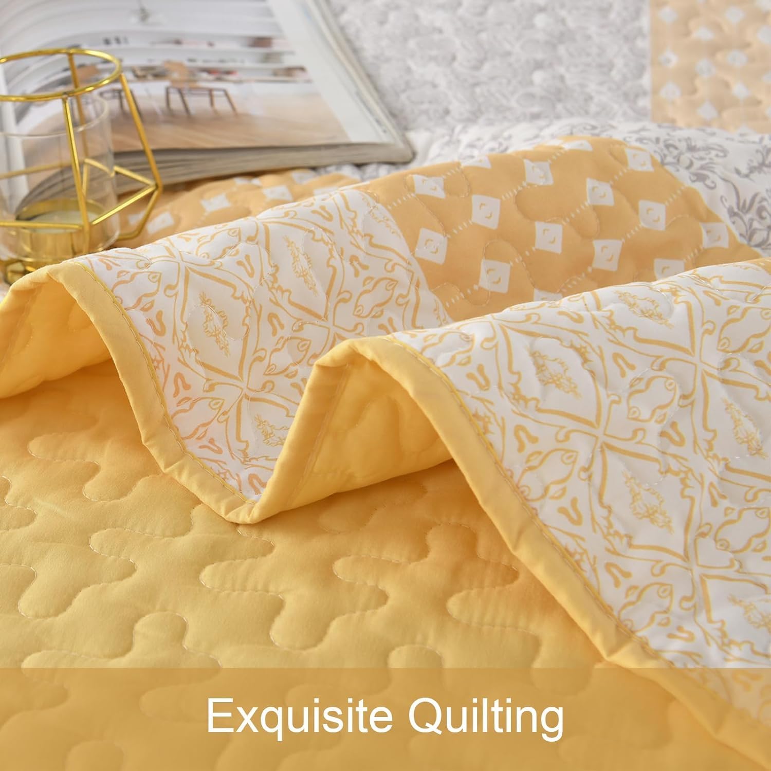 WONGS BEDDING Boho Yellow Stripe Quilt Set Twin Size 2 Piece