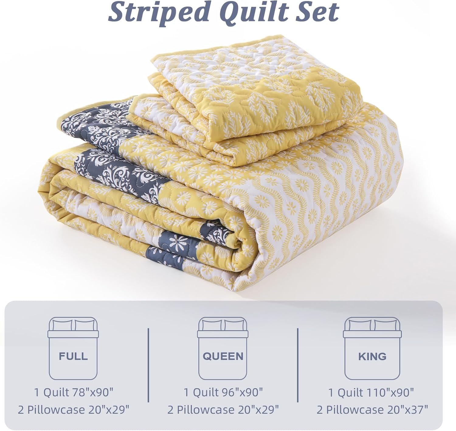 Cottolester Boho Quilt Set Queen Size Yellow Striped