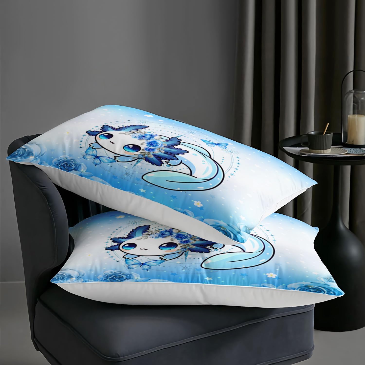 AILONEN Axolotl Comforter Set Queen Size Kawaii Blue Print Bedding