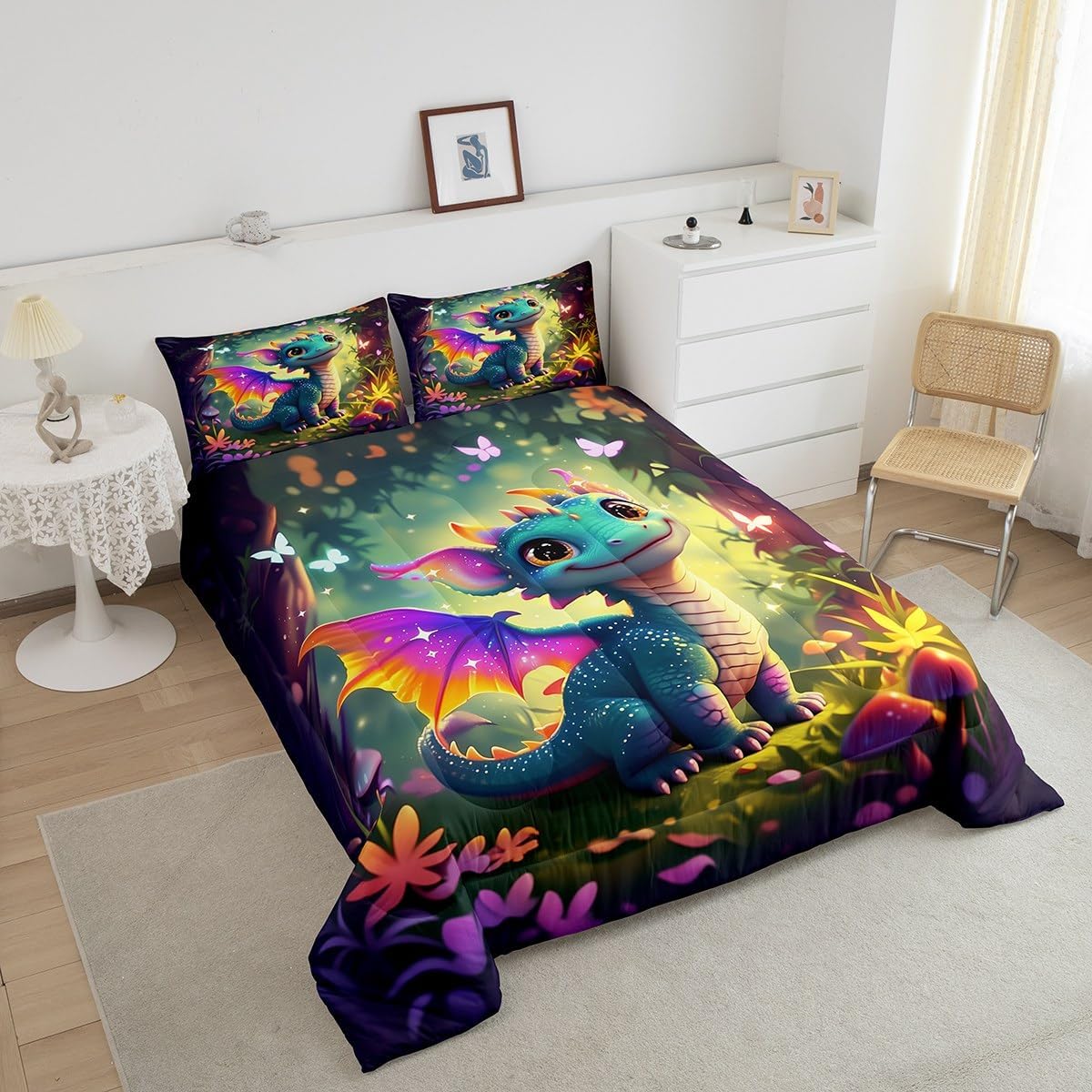 Castle Fairy Cute Dragon Comforter Set Twin Size Fantasy Bedding