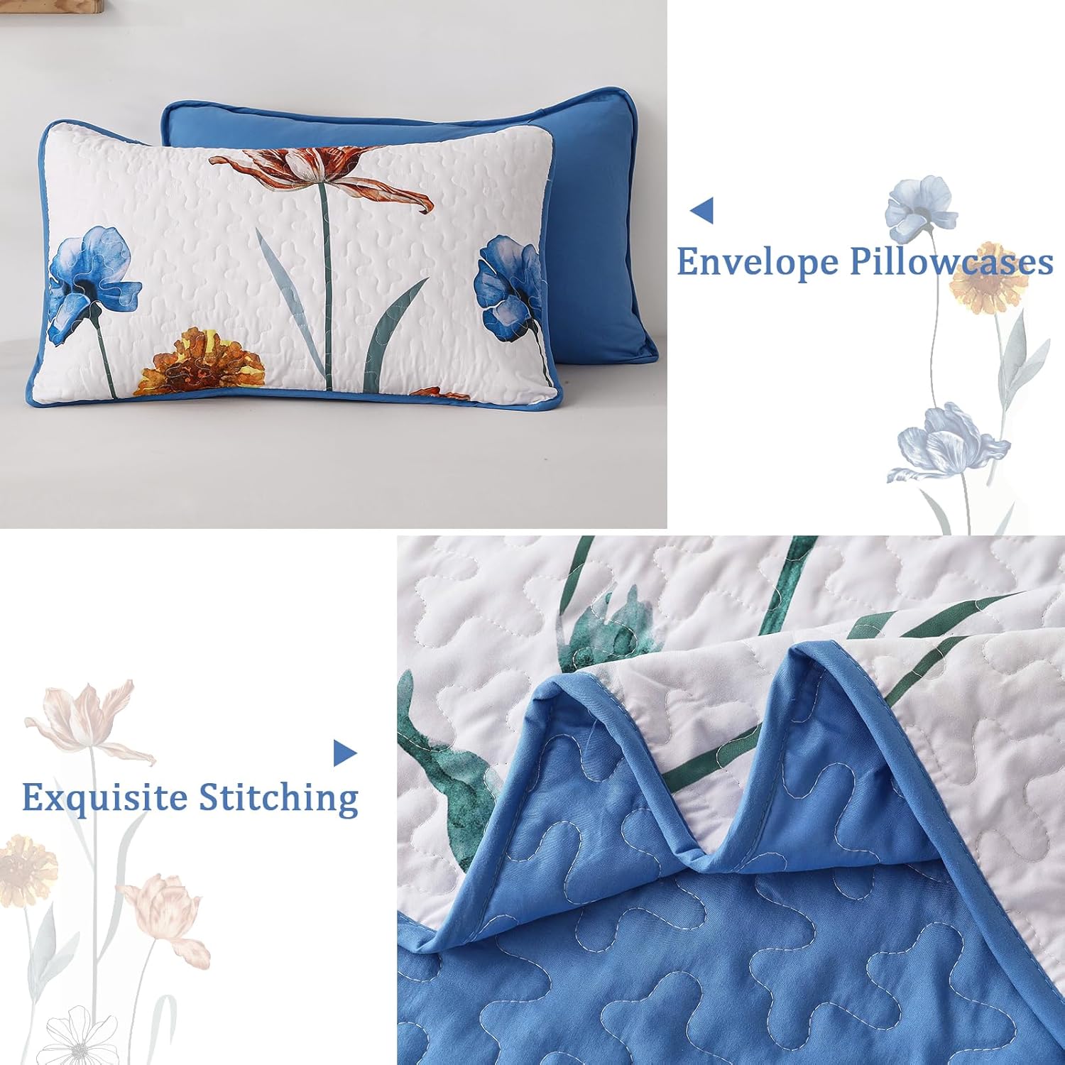 WONGS BEDDING Blue Floral Quilt Set Queen Size