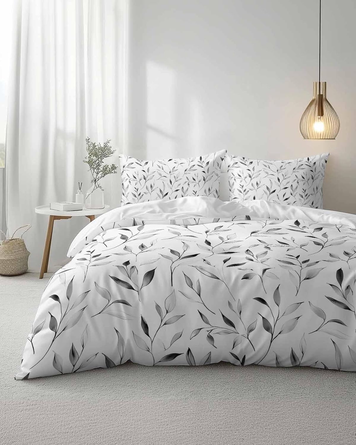 ZOE GARDEN Gray Leaf Bed Duvet Cover Queen Set