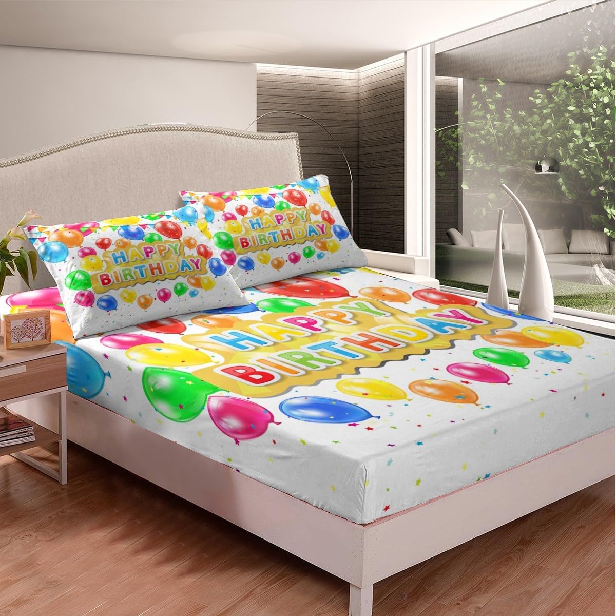 jejeloiu Happy Birthday Balloon Print Sheet Set