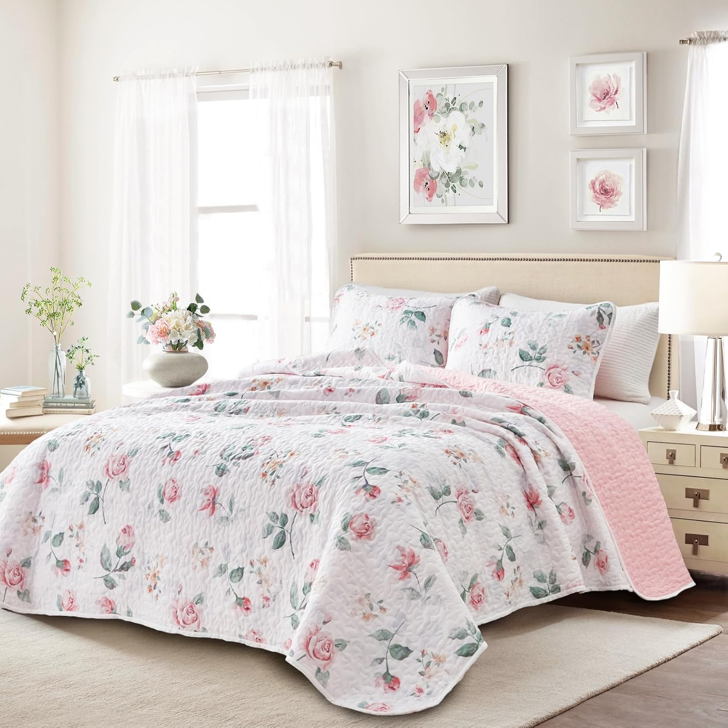 UOZZI Floral Quilt Set Queen Size 88x88 3PC Reversible