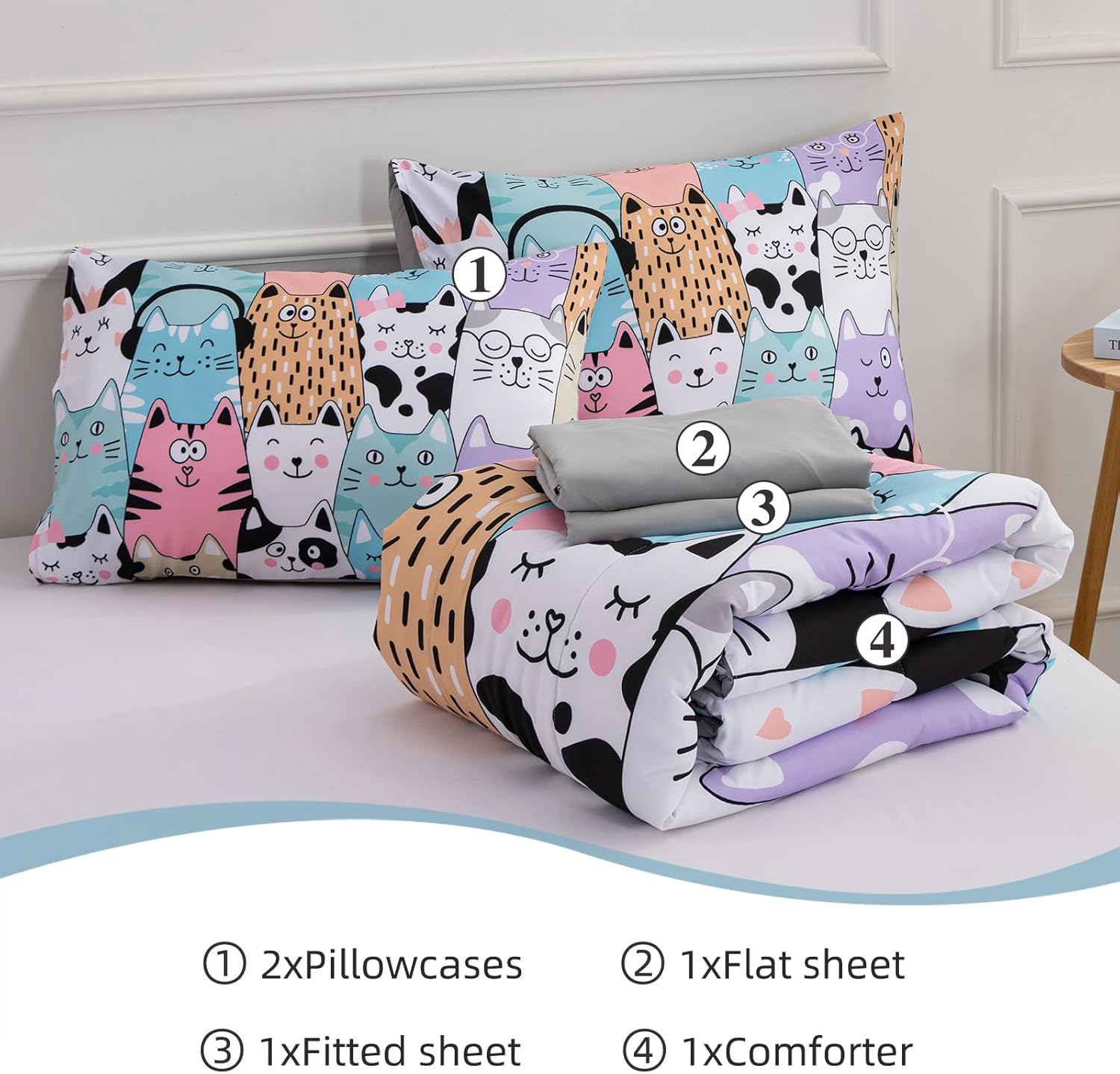A Nice Night - Kids Boys Cartoon Cats Bedding Set 5Pcs