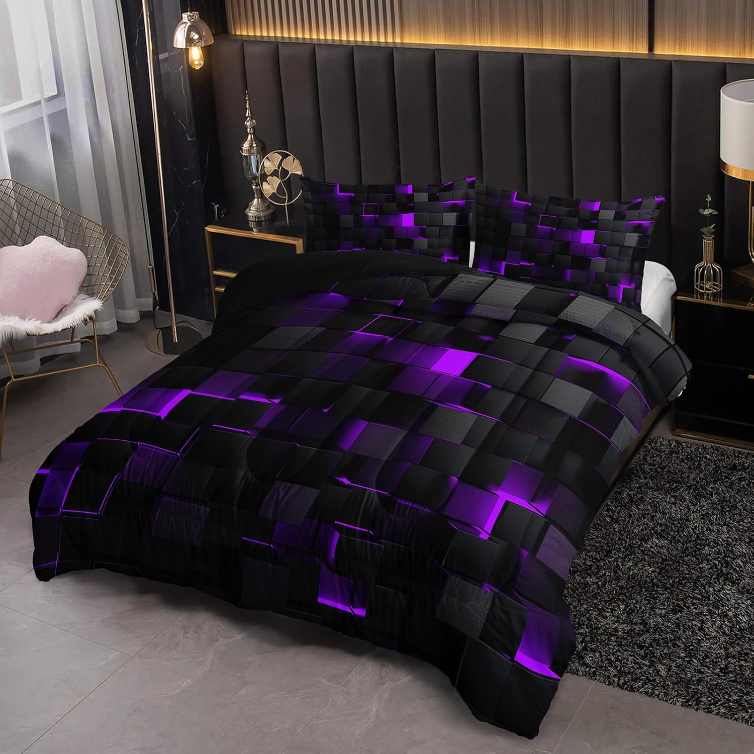 Neon Purple Black Geometric Comforter Set Queen 3PCS