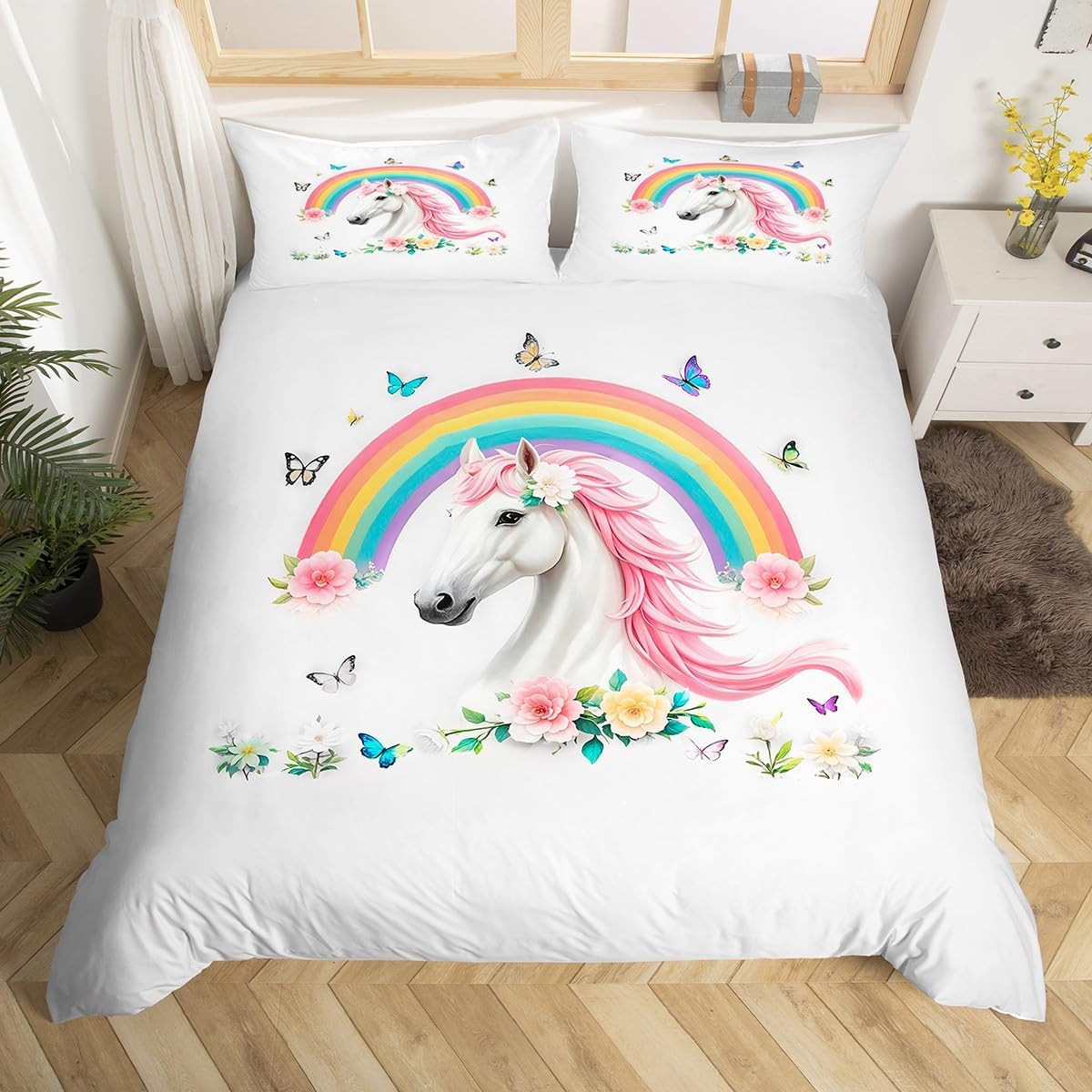 jejeloiu Rainbow Horse Duvet Cover Set