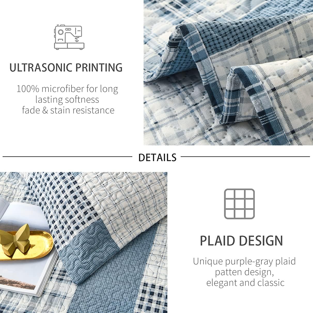 CHESITY 3 Piece Plaid Quilt Set Queen Size