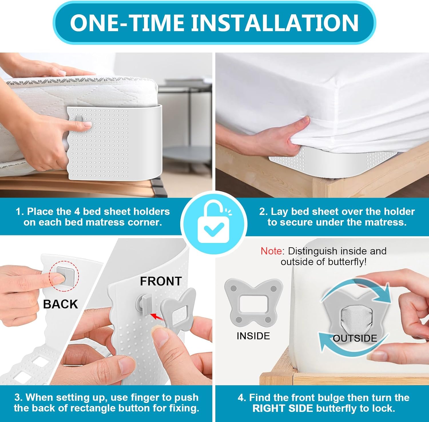 Adjustable Bed Sheet Holder with Patent Lock White